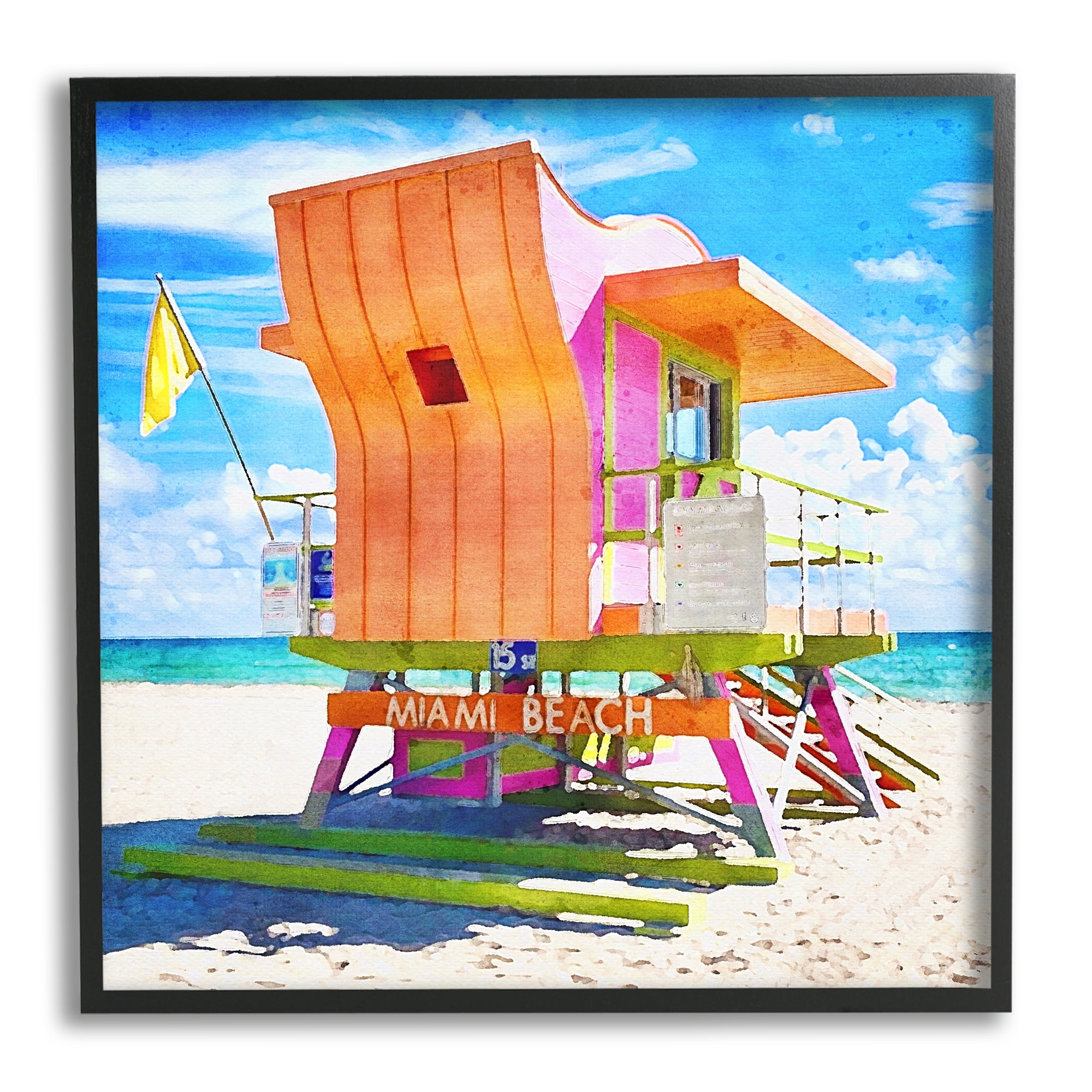 Stupell Industries Miami Beach Orange Hut Nature Painting Black Framed Art Print Wall Art, 12 x 12