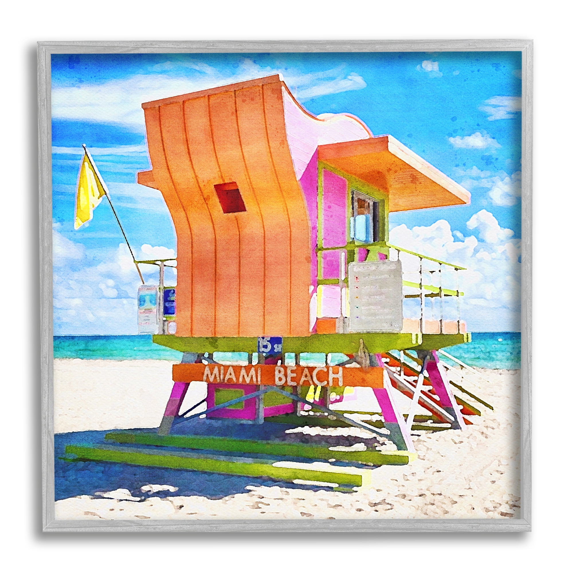 Stupell Industries Miami Beach Orange Hut Nature Painting Gray Framed Art Print Wall Art, 12 x 12