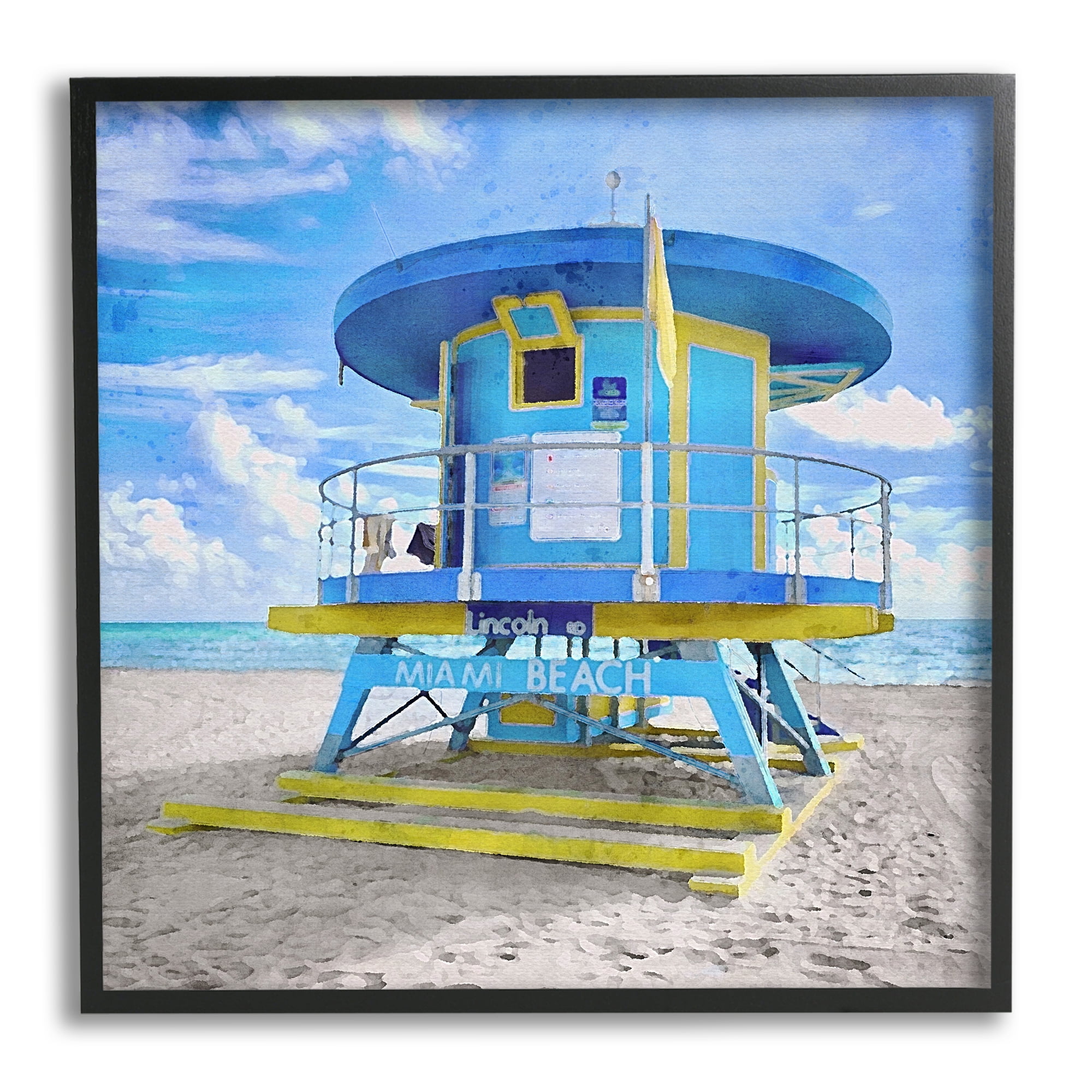 Stupell Industries Miami Beach Summer Hut Nature Painting Black Framed Art Print Wall Art, 24 x 24