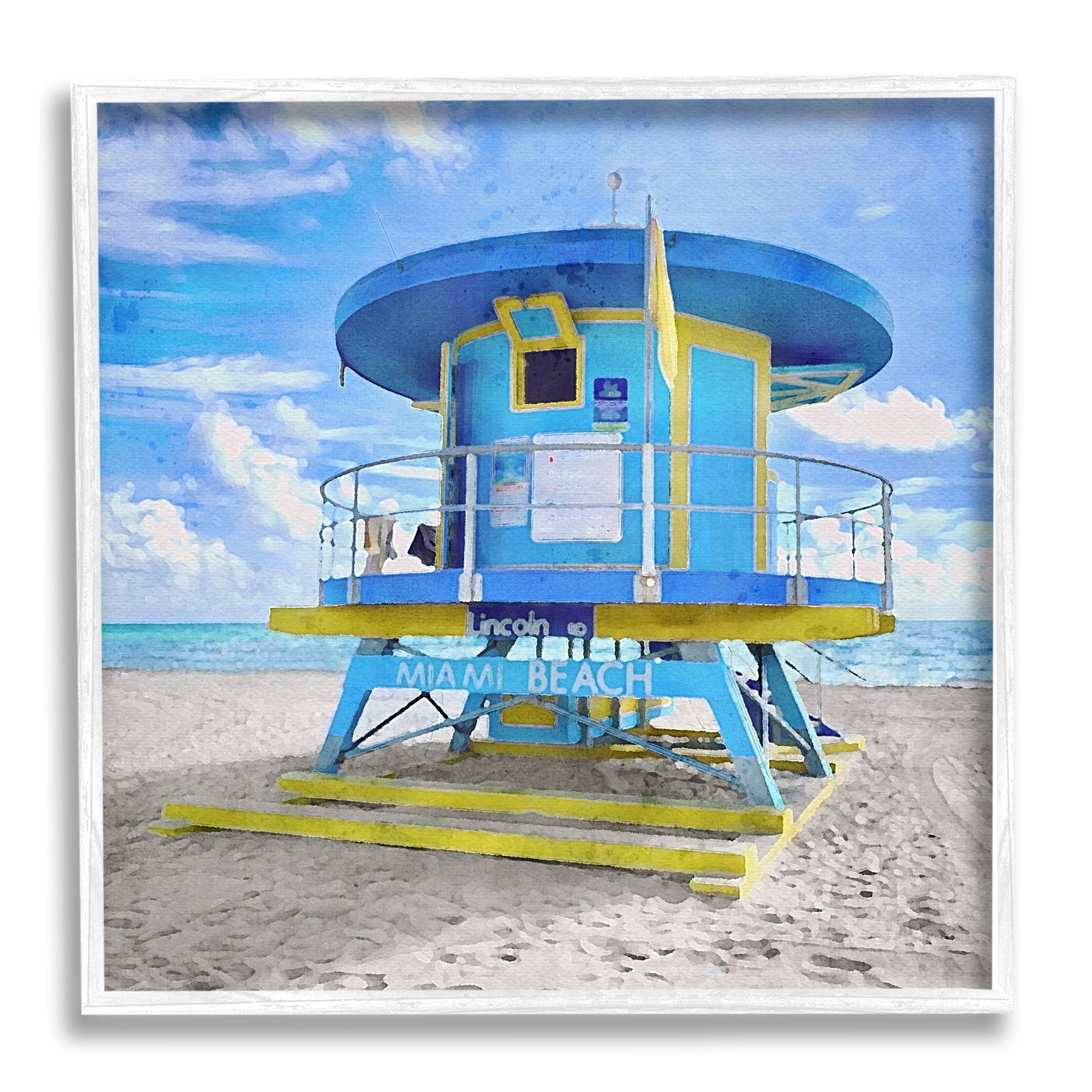 Stupell Industries Miami Beach Summer Hut Nature Painting White Framed Art Print Wall Art, 24 x 24