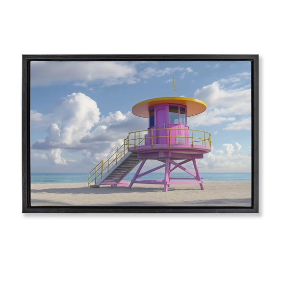 Stupell Industries Coastal Miami Beach Tower in Pink Black Floating Frame Canvas Art, 25 x 17, by Creative Studio