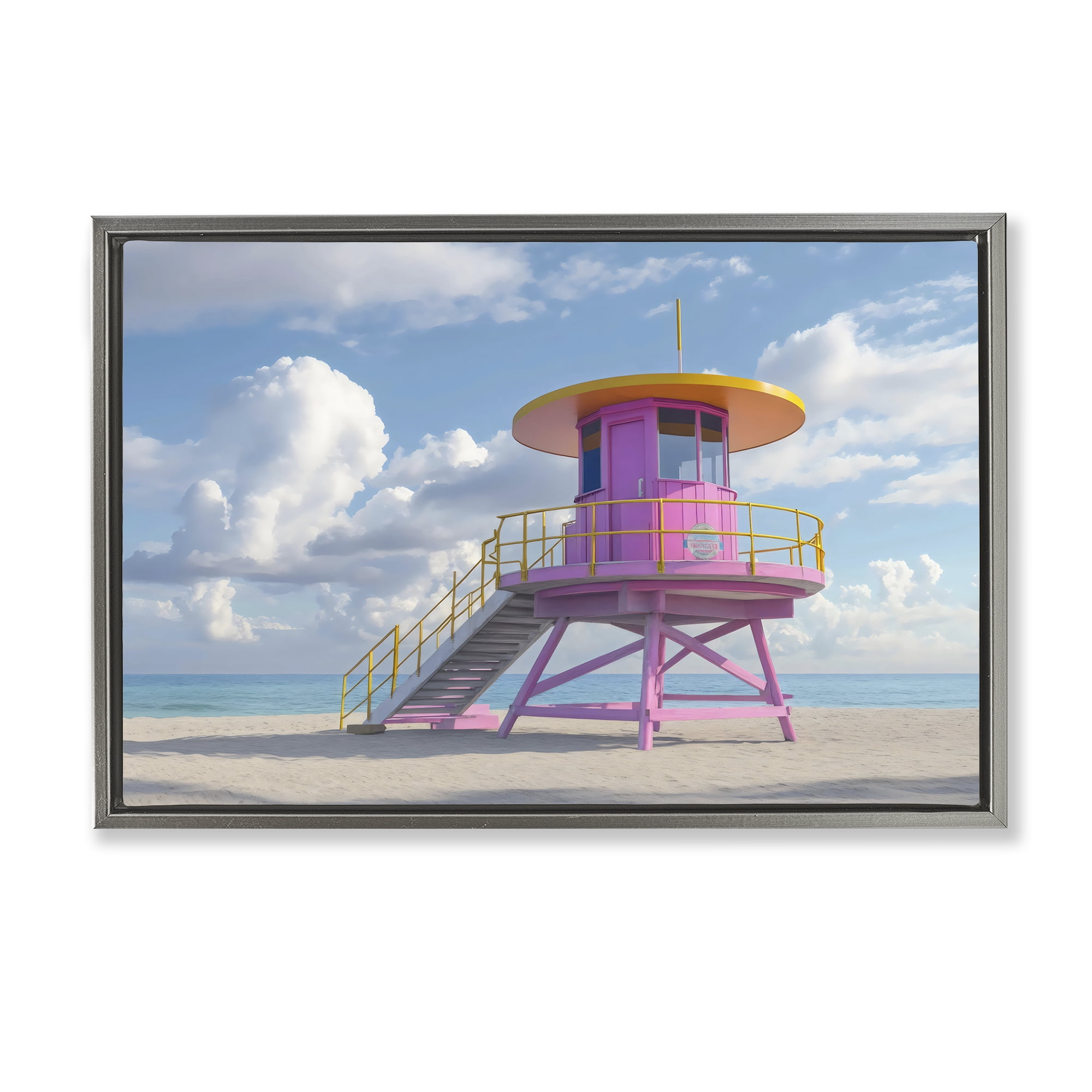 Stupell Industries Miami Beach Tower in Pink Gray Framed Floater Canvas Wall Art, design by Creative Studio