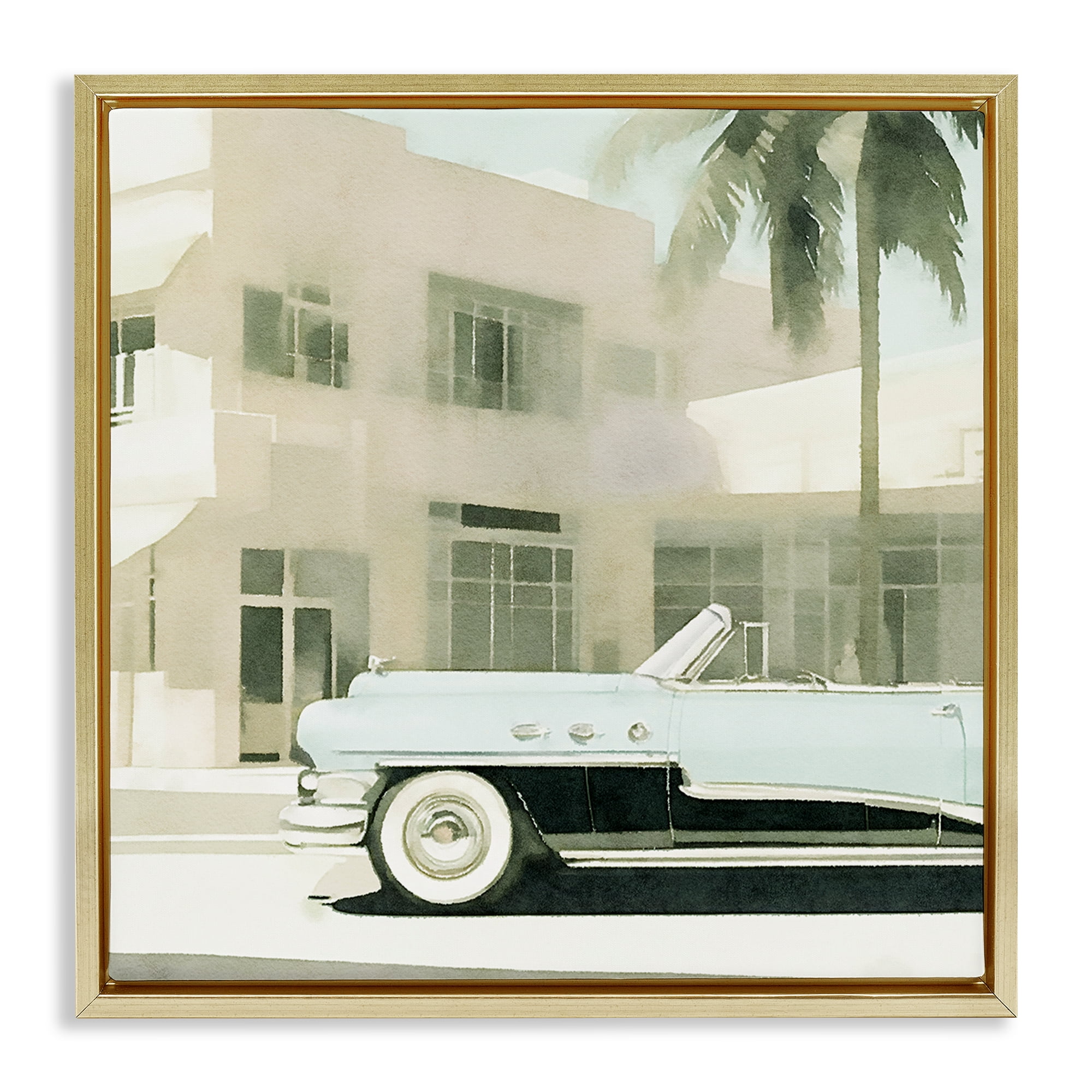 Stupell Industries Miami Car & Palm Tree Transportation Painting Gold Floater Framed Canvas Art Print Wall Art, 18 x 18