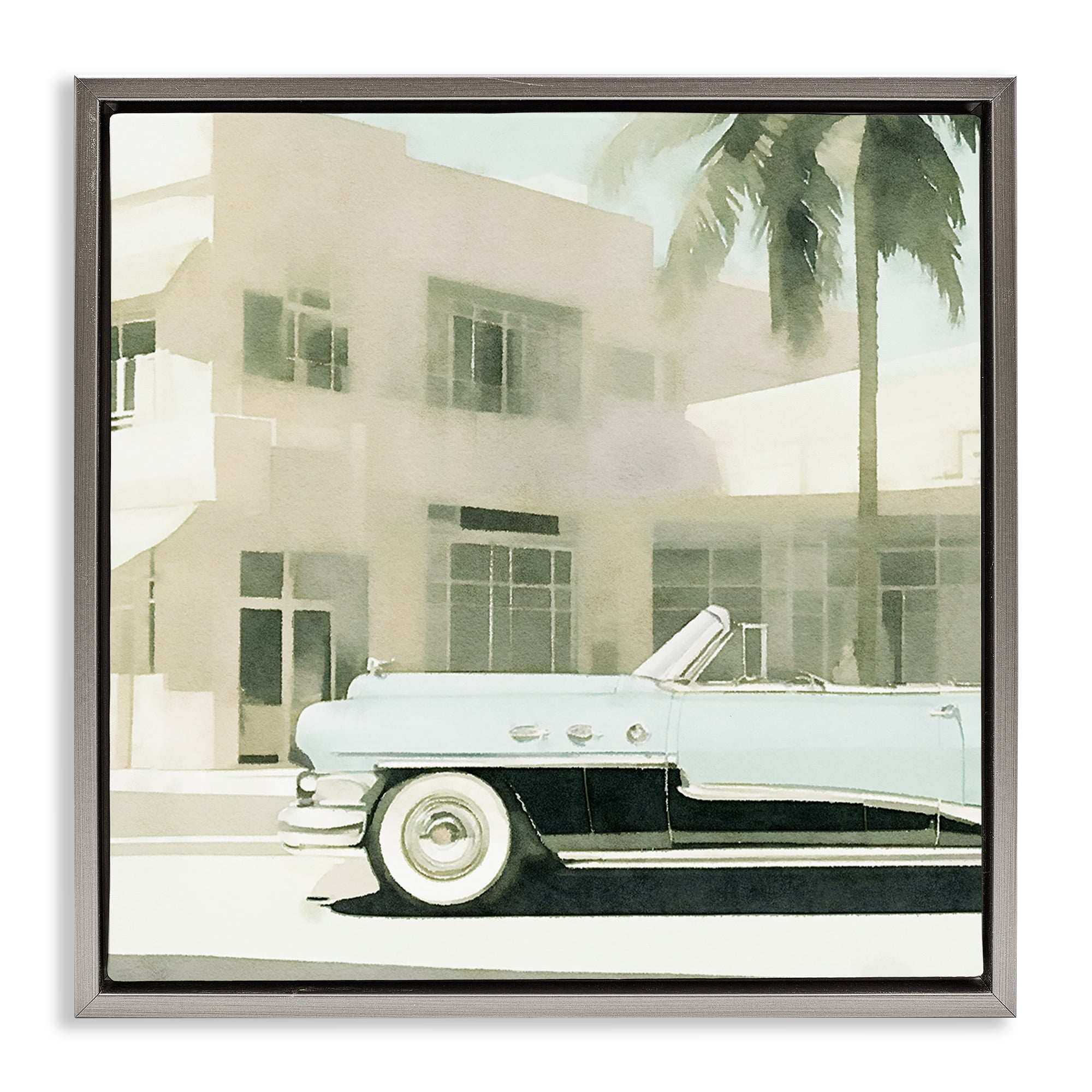 Stupell Industries Miami Car & Palm Tree Transportation Painting Gray Floater Framed Canvas Art Print Wall Art, 18 x 18