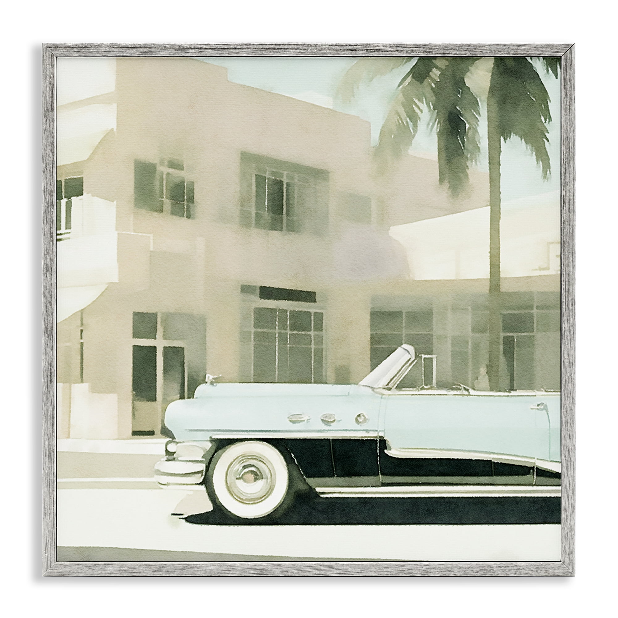 Stupell Industries Miami Car & Palm Tree Transportation Painting Gray Framed Art Print Wall Art, 12 x 12