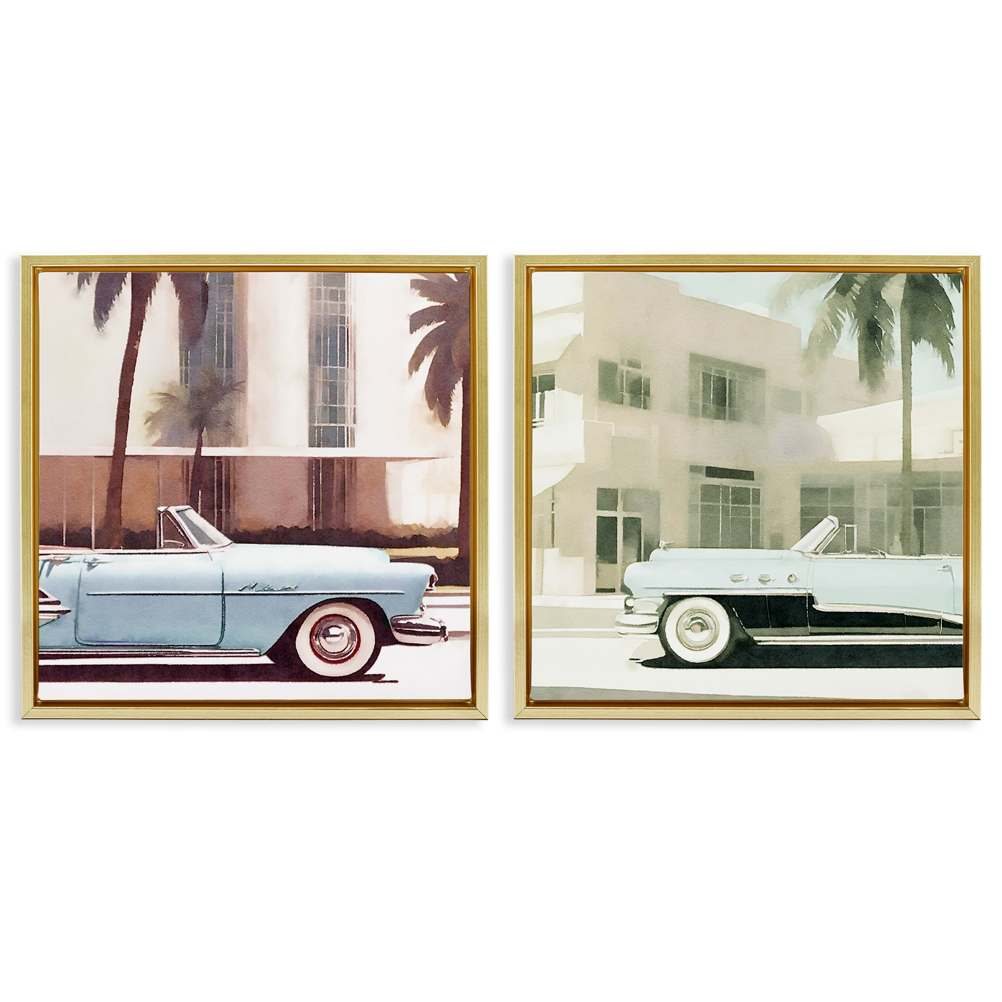Stupell Industries Miami Cars in Summer Transportation Photography Gold Floater Framed Canvas Art Print Wall Art, 18 x 18, Set of 2