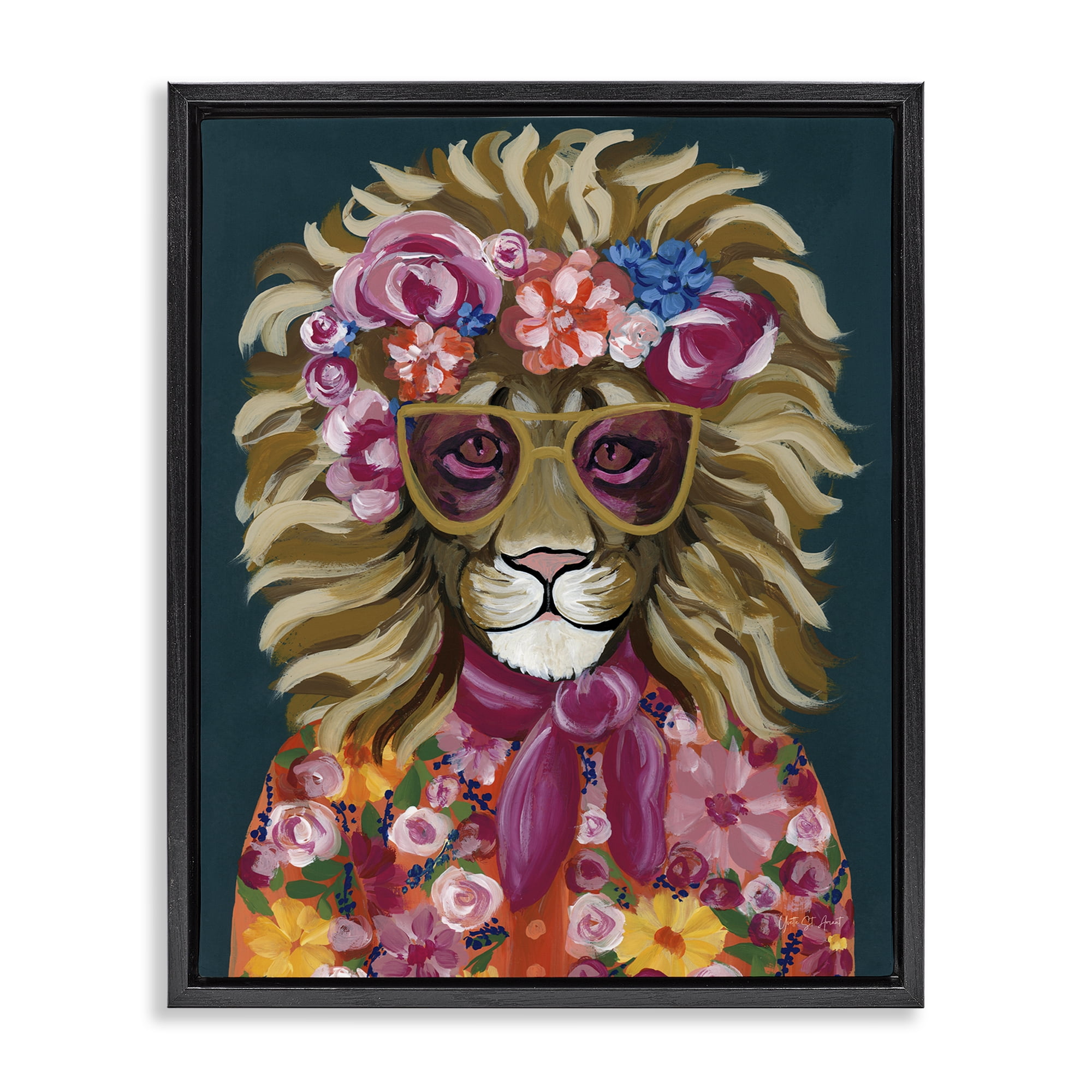 Stupell Industries Miami Living Lion Animals Painting Black Floater Framed Canvas Art Print Wall Art, 25 x 31