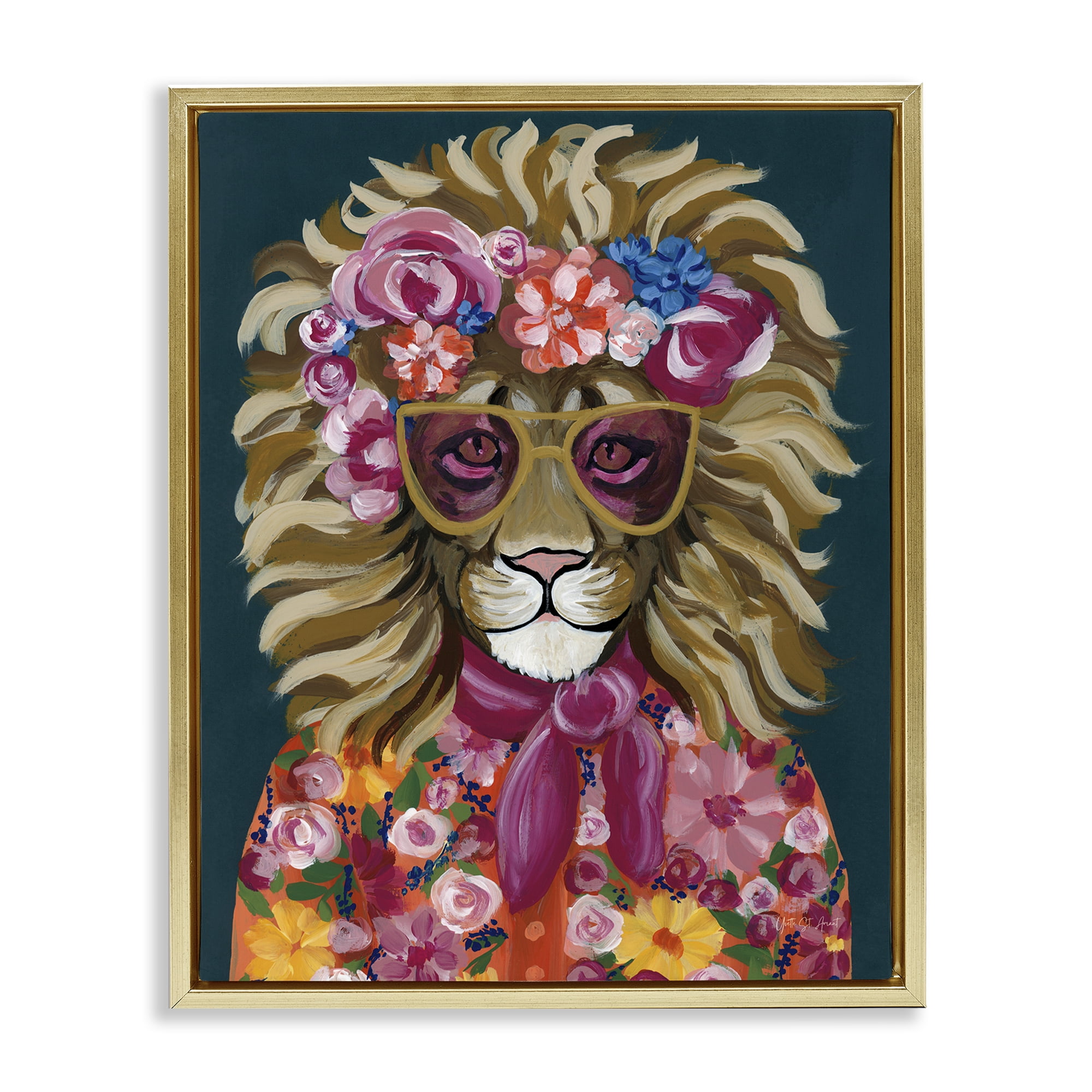 Stupell Industries Miami Living Lion Animals Painting Gold Floater Framed Canvas Art Print Wall Art, 25 x 31