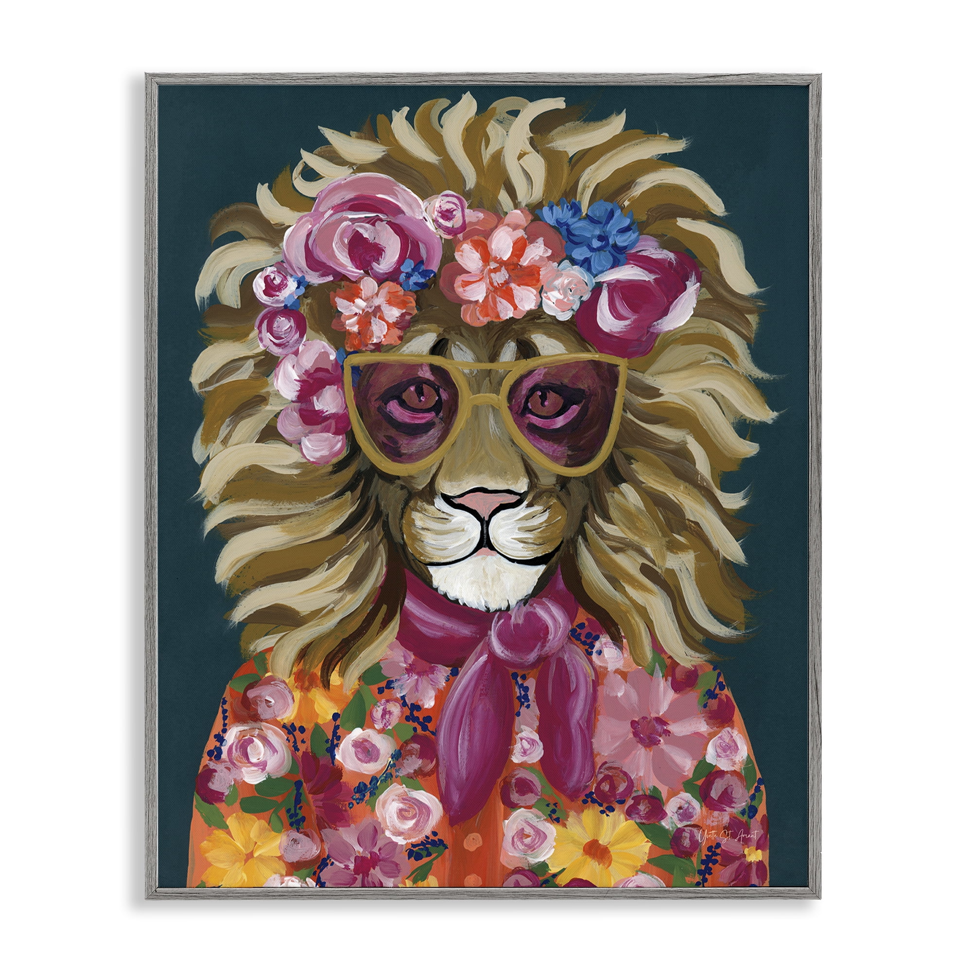 Stupell Industries Miami Living Lion Animals Painting Gray Framed Art Print Wall Art, 24 x 30