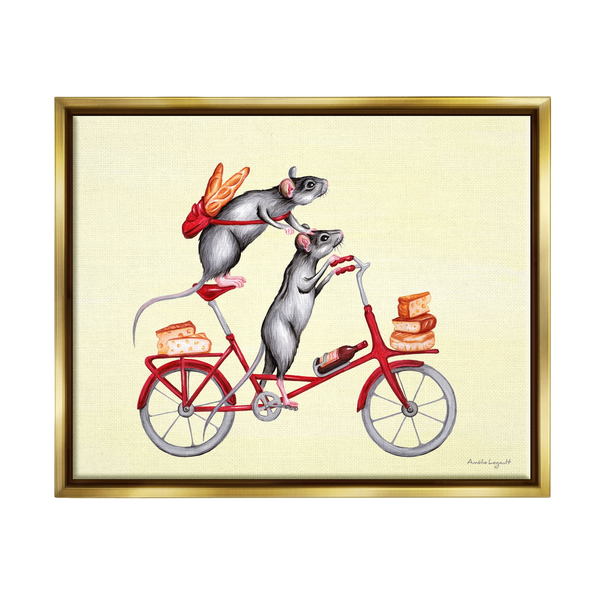 Stupell Industries Mice On Bicycle Carrying Picnic Lunch Bread Cheese Graphic Art Metallic Gold Floating Framed Canvas Print Wall Art, Design by Amelie Legault