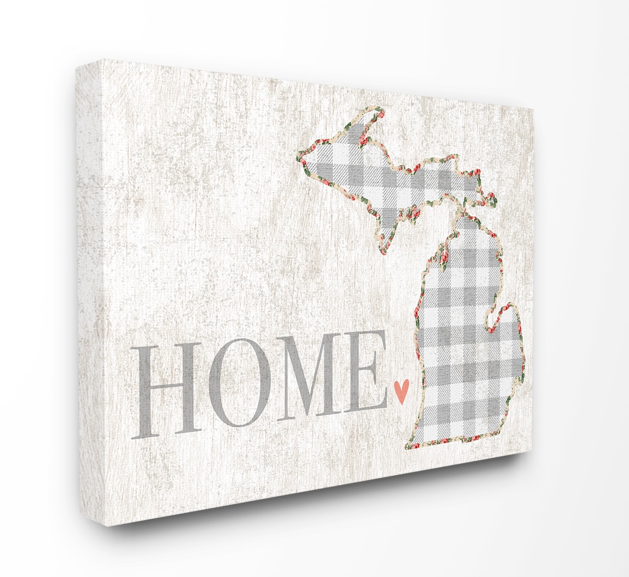 Stupell Industries Michigan Grey Gingham and Floral Heart and Home Town & City Painting Gallery Wrapped Canvas Art Print Wall Art, 30 x 40