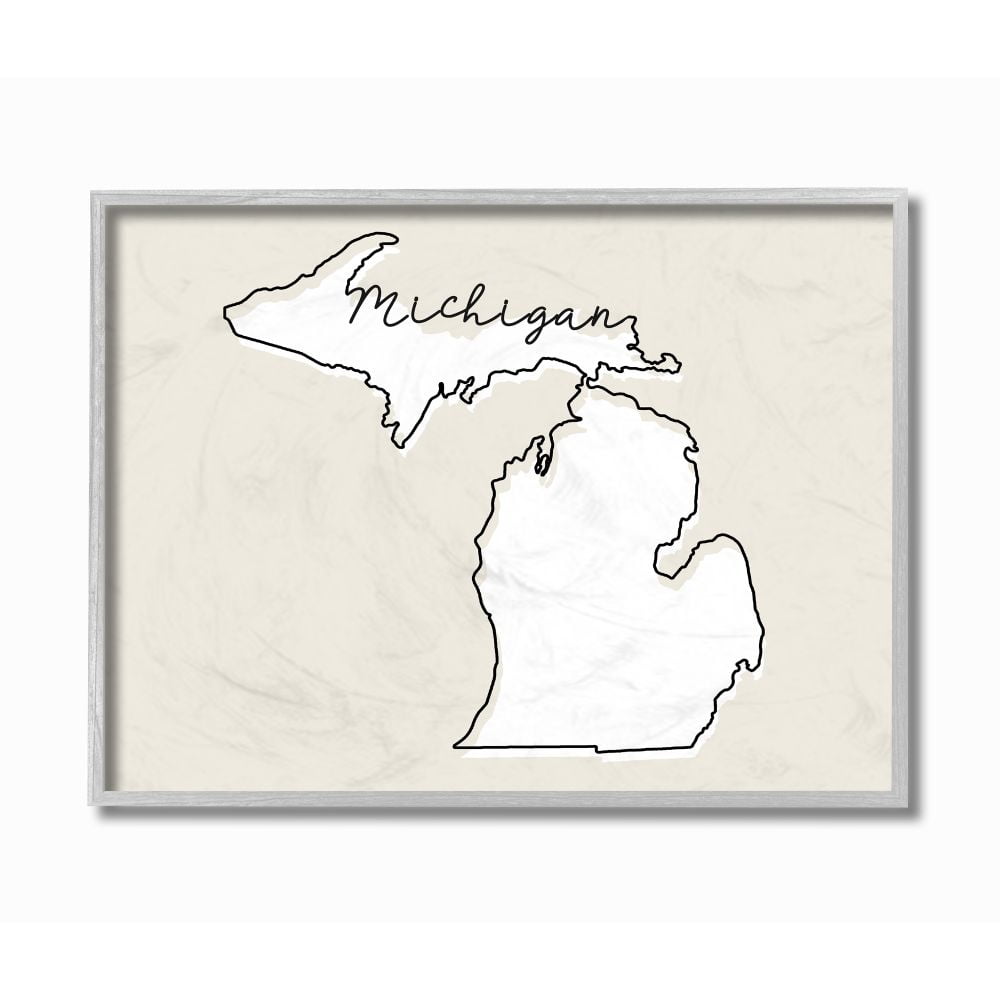 Stupell Industries Michigan Home State Map Neutral Print Design Gray Farmhouse Rustic Framed Giclee Texturized Art by Daphne Polselli
