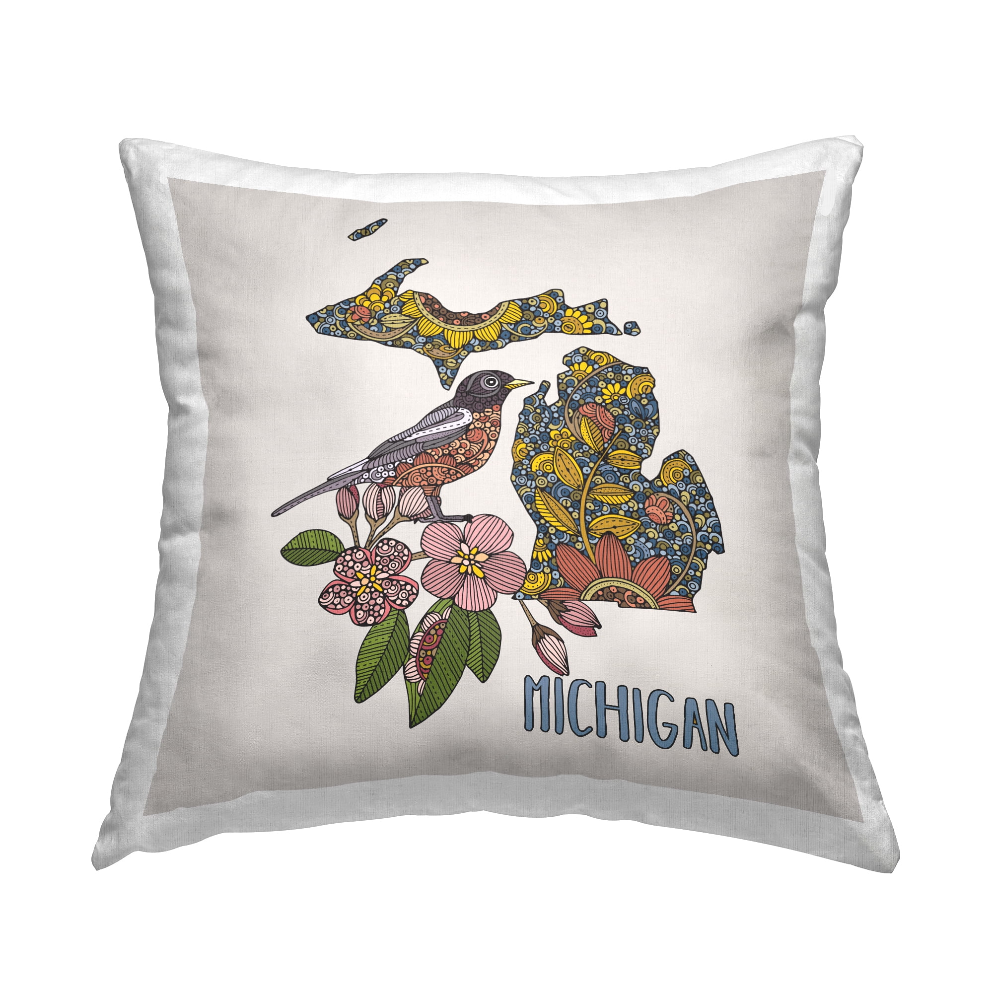 Stupell Industries Michigan State Bird Flower Patterns Square Decorative Printed Throw Pillow, 18 x 18,