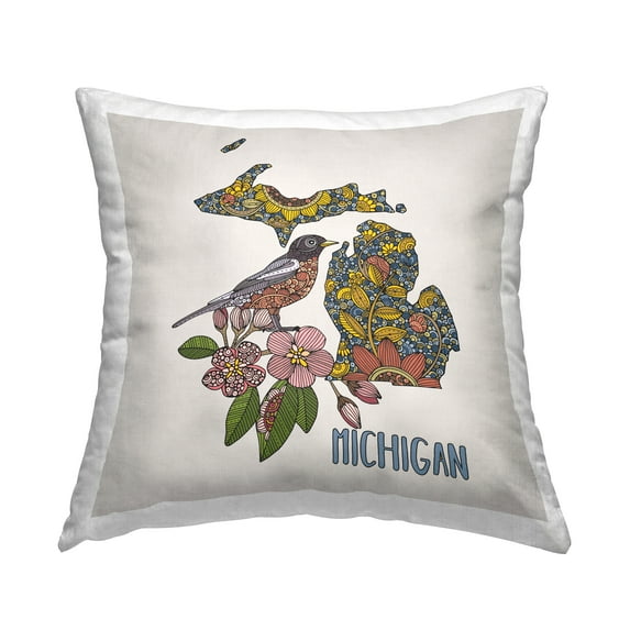 Stupell Industries Michigan State Bird Flower Patterns Square Decorative Printed Throw Pillow, 18 x 18,