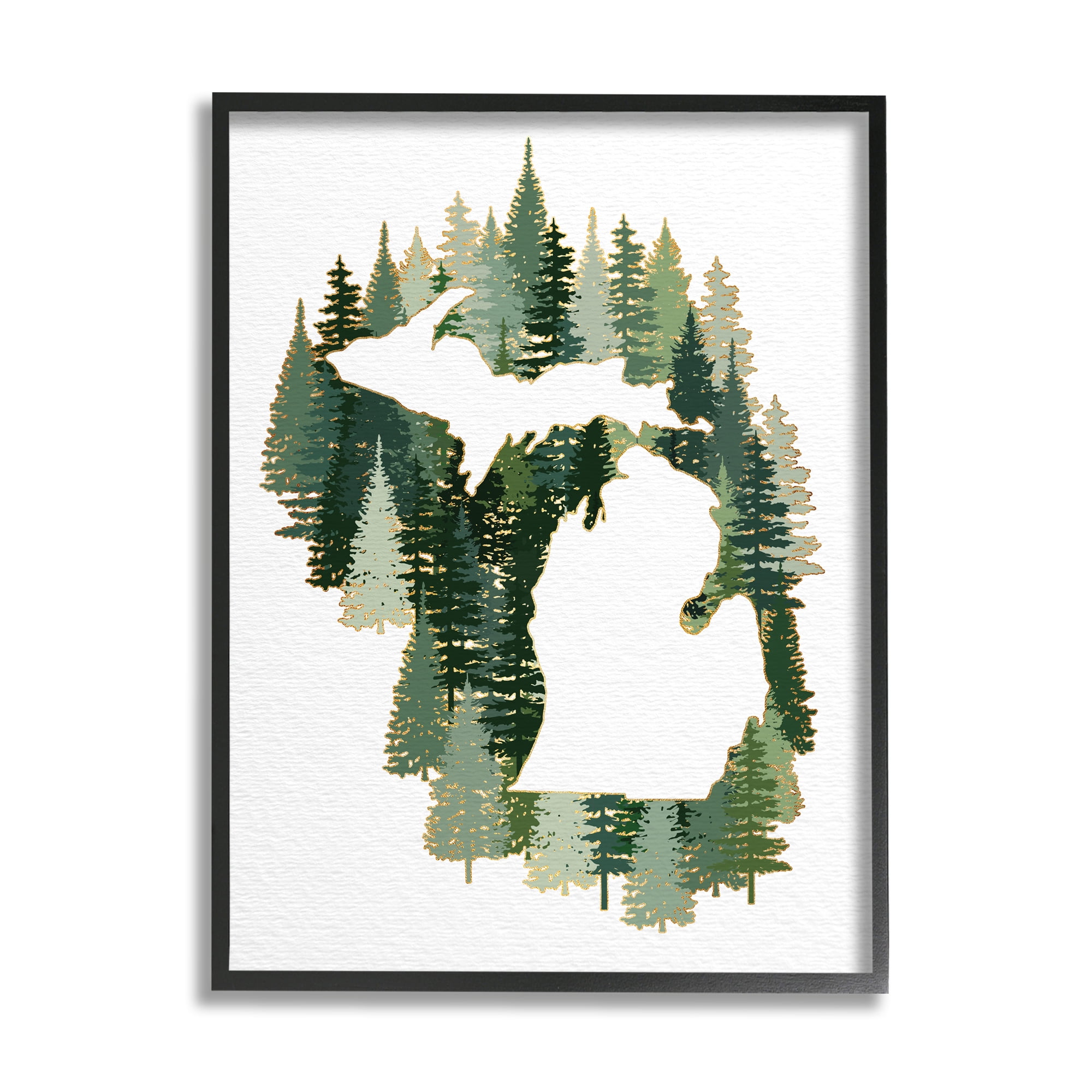 Stupell Industries Michigan State Outline Green Pine Tree Forest Town & City Painting Black Framed Art Print Wall Art, 16 x 20