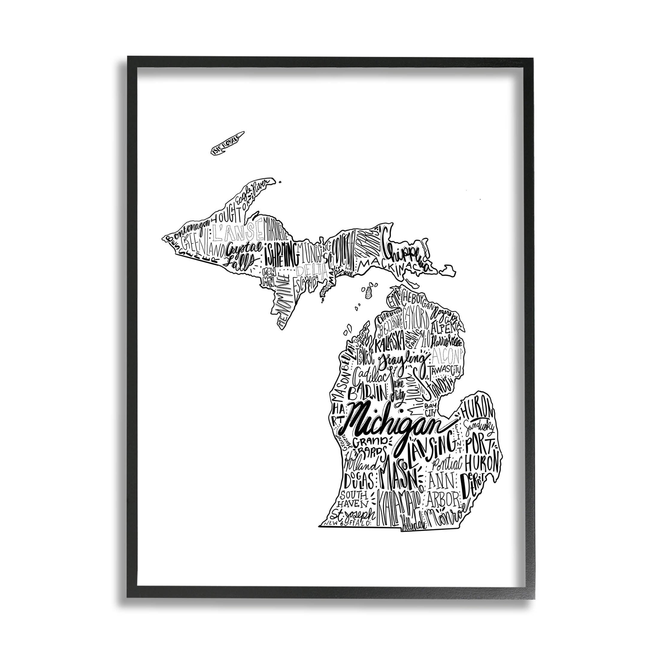 Stupell Industries Michigan State Typography Cities Map Graphic Art Black Framed Art Print Wall Art, Design by The Saturday Evening Post