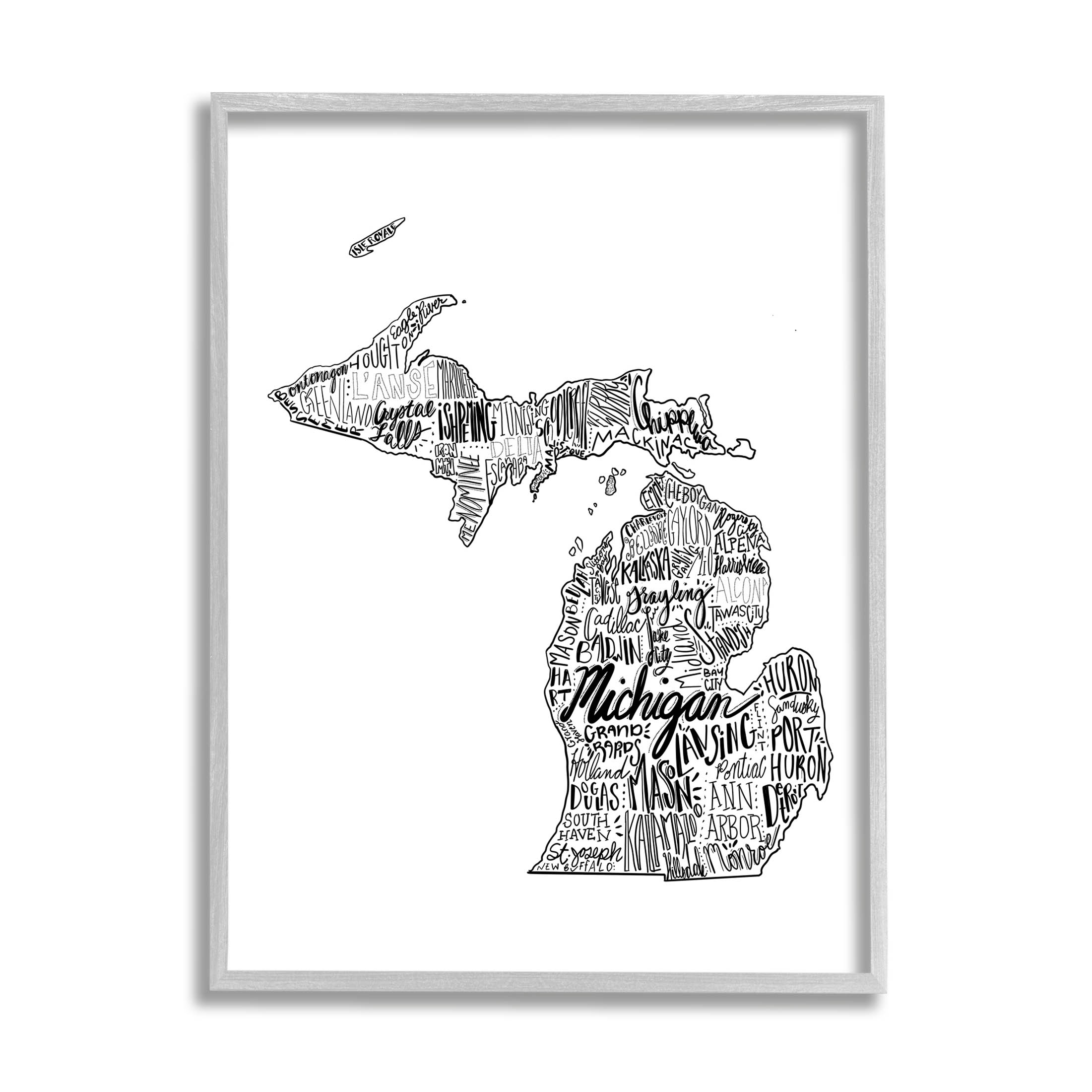 Stupell Industries Michigan State Typography Cities Map Graphic Art Gray Framed Art Print Wall Art, Design by The Saturday Evening Post