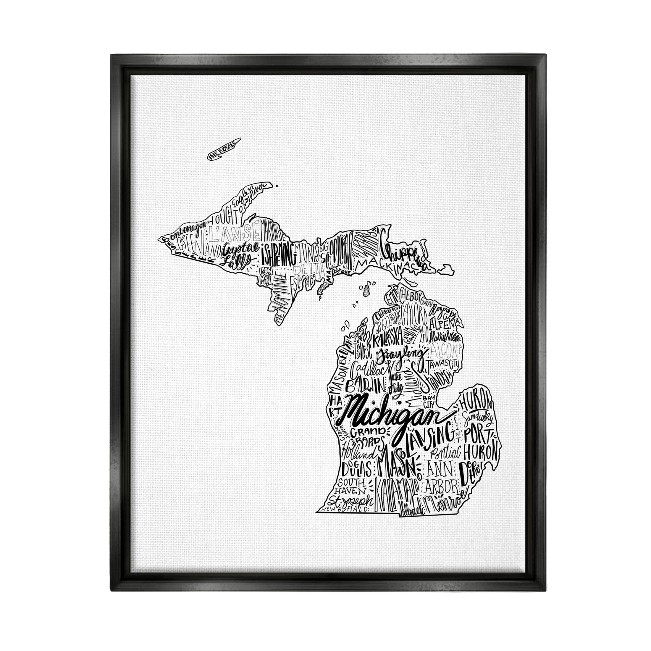 Stupell Industries Michigan State Typography Cities Map Graphic Art Jet Black Floating Framed Canvas Print Wall Art, Design by The Saturday Evening Post