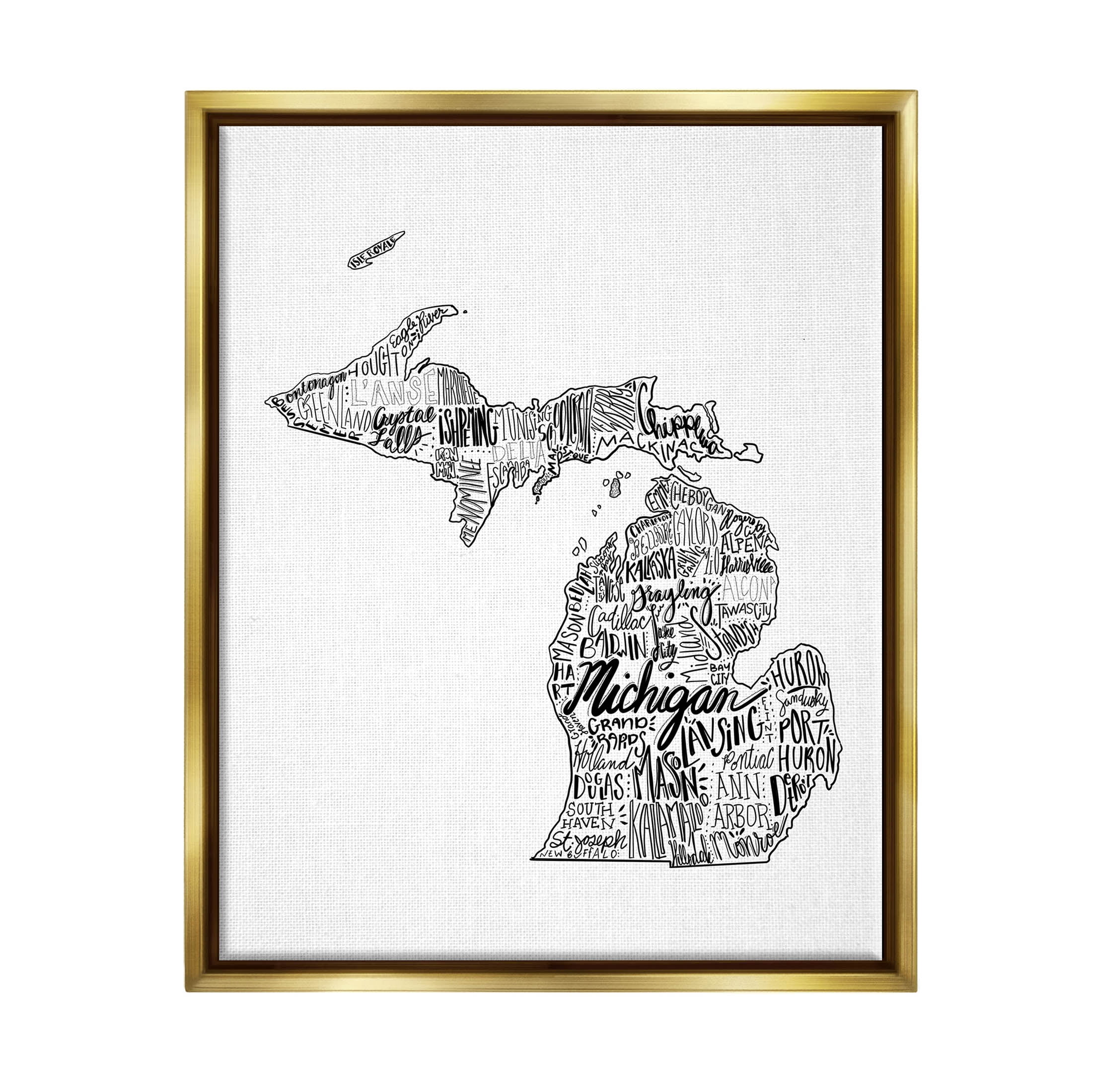 Stupell Industries Michigan State Typography Cities Map Graphic Art Metallic Gold Floating Framed Canvas Print Wall Art, Design by The Saturday Evening Post