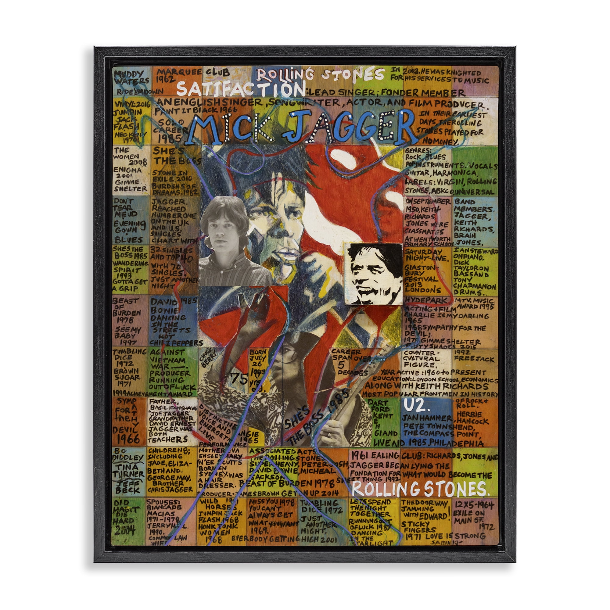 Stupell Industries Mick Jagger Collage People Drawing Black Floater Framed Canvas Art Print Wall Art, 25 x 31