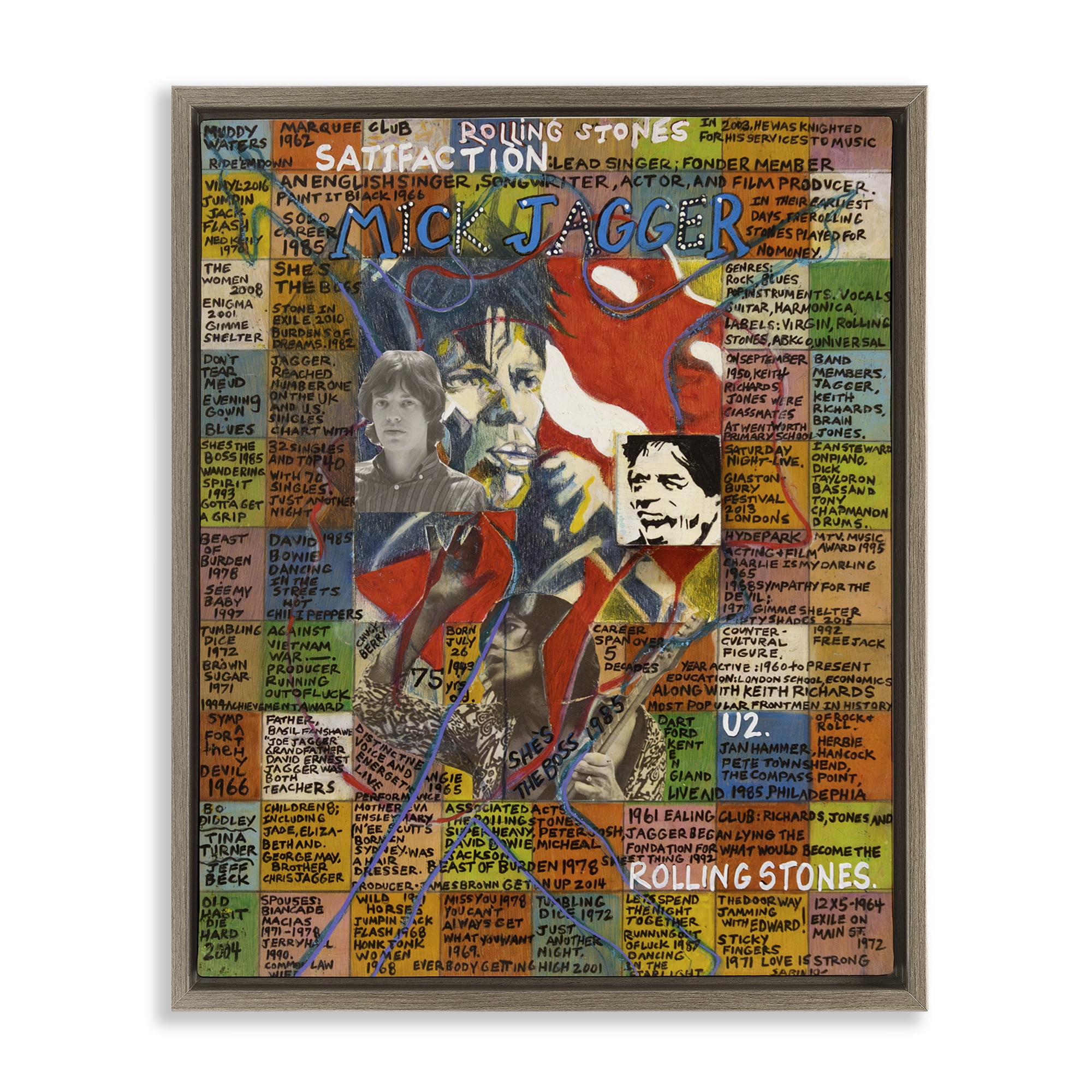 Stupell Industries Mick Jagger Collage People Drawing Brown Floater Framed Canvas Art Print Wall Art, 25 x 31
