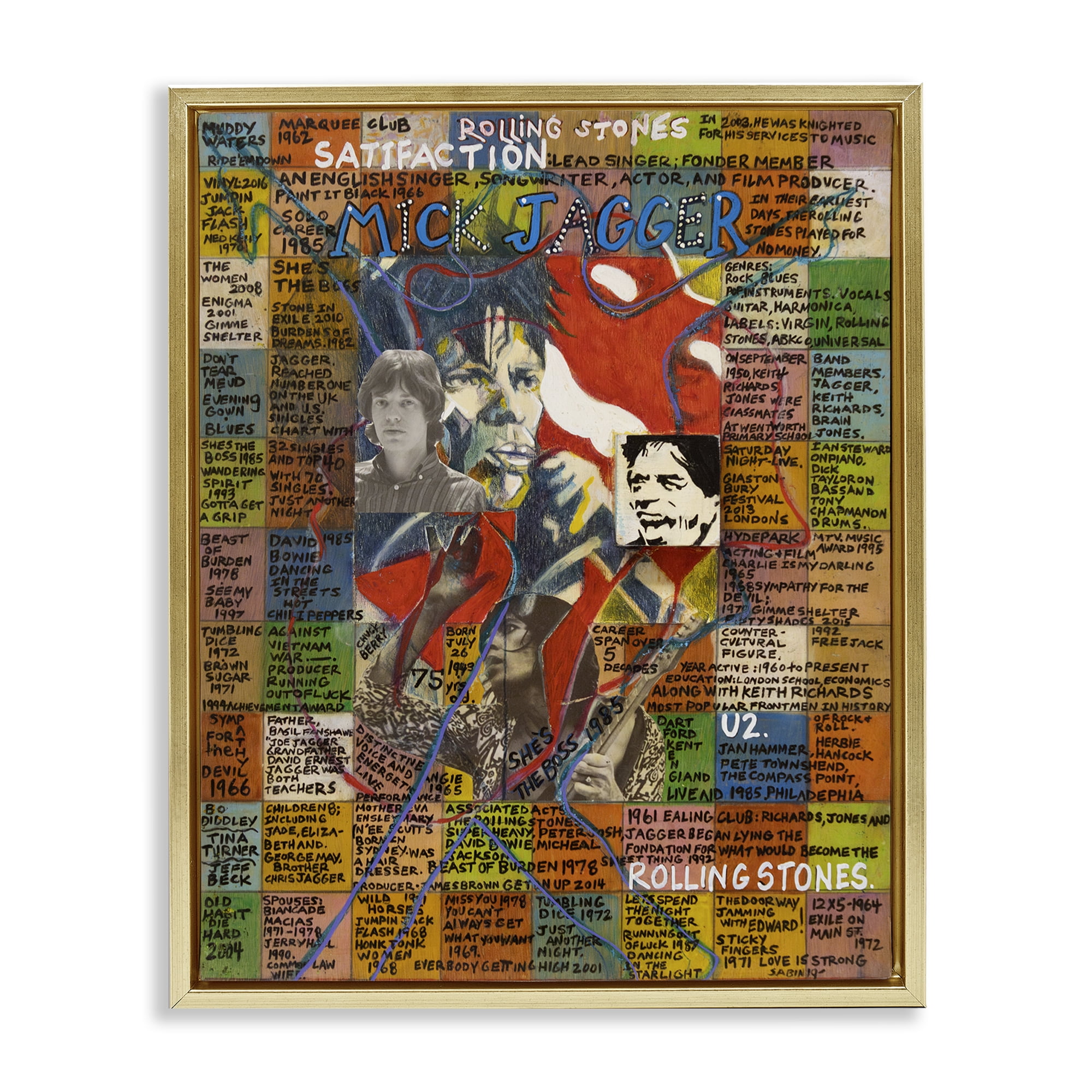 Stupell Industries Mick Jagger Collage People Drawing Gold Floater Framed Canvas Art Print Wall Art, 25 x 31
