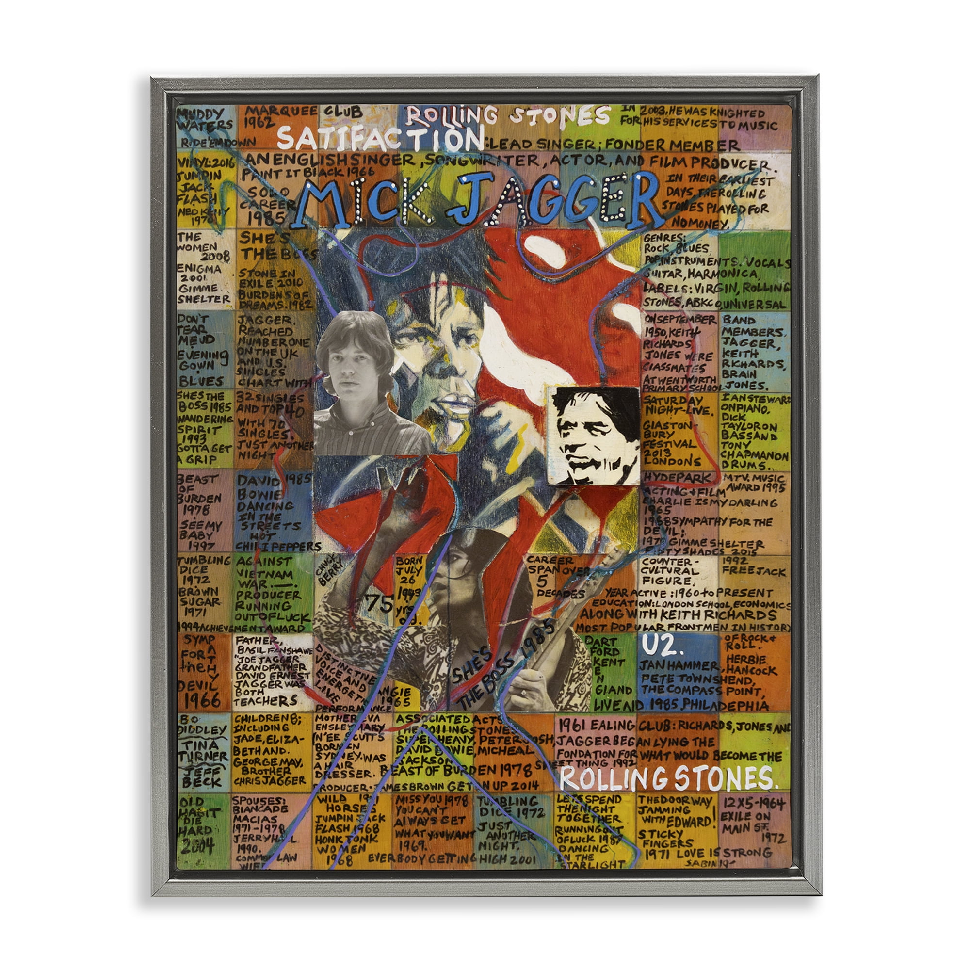 Stupell Industries Mick Jagger Collage People Drawing Gray Floater Framed Canvas Art Print Wall Art, 17 x 21