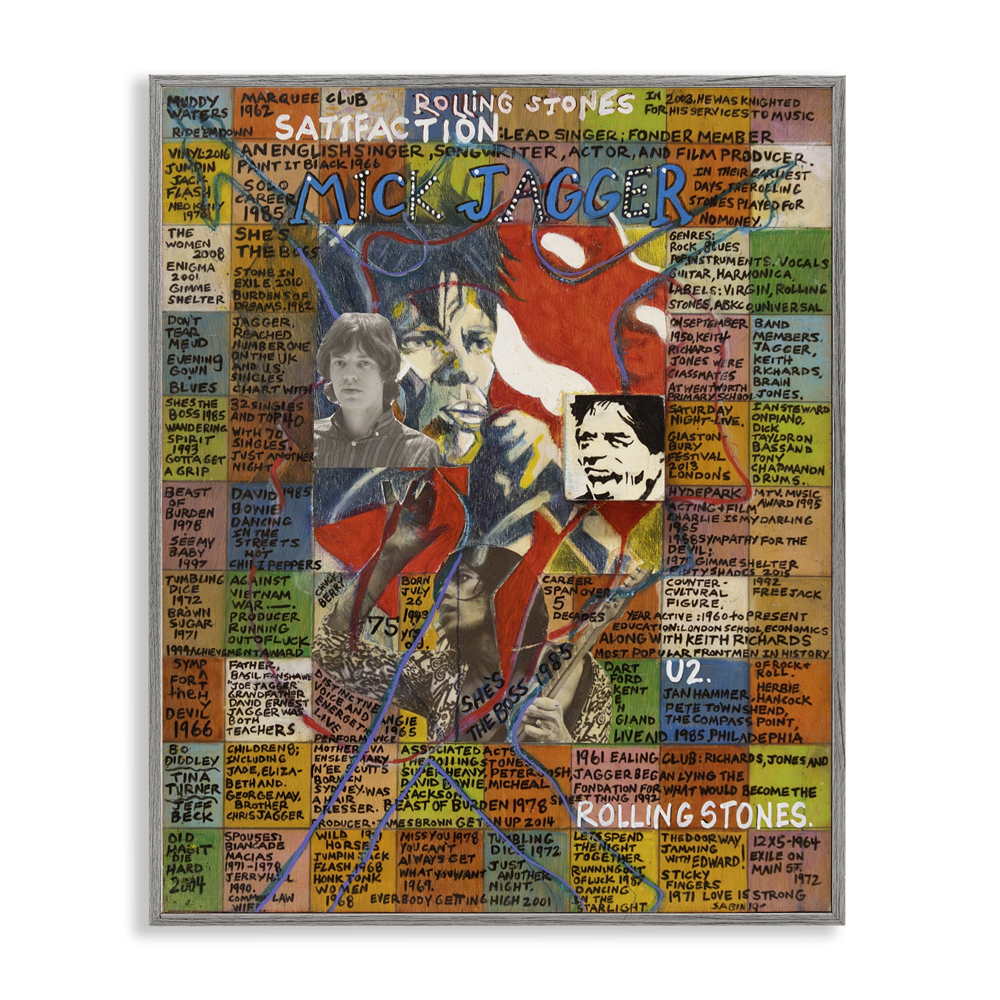 Stupell Industries Mick Jagger Collage People Drawing Gray Framed Art Print Wall Art, 16 x 20
