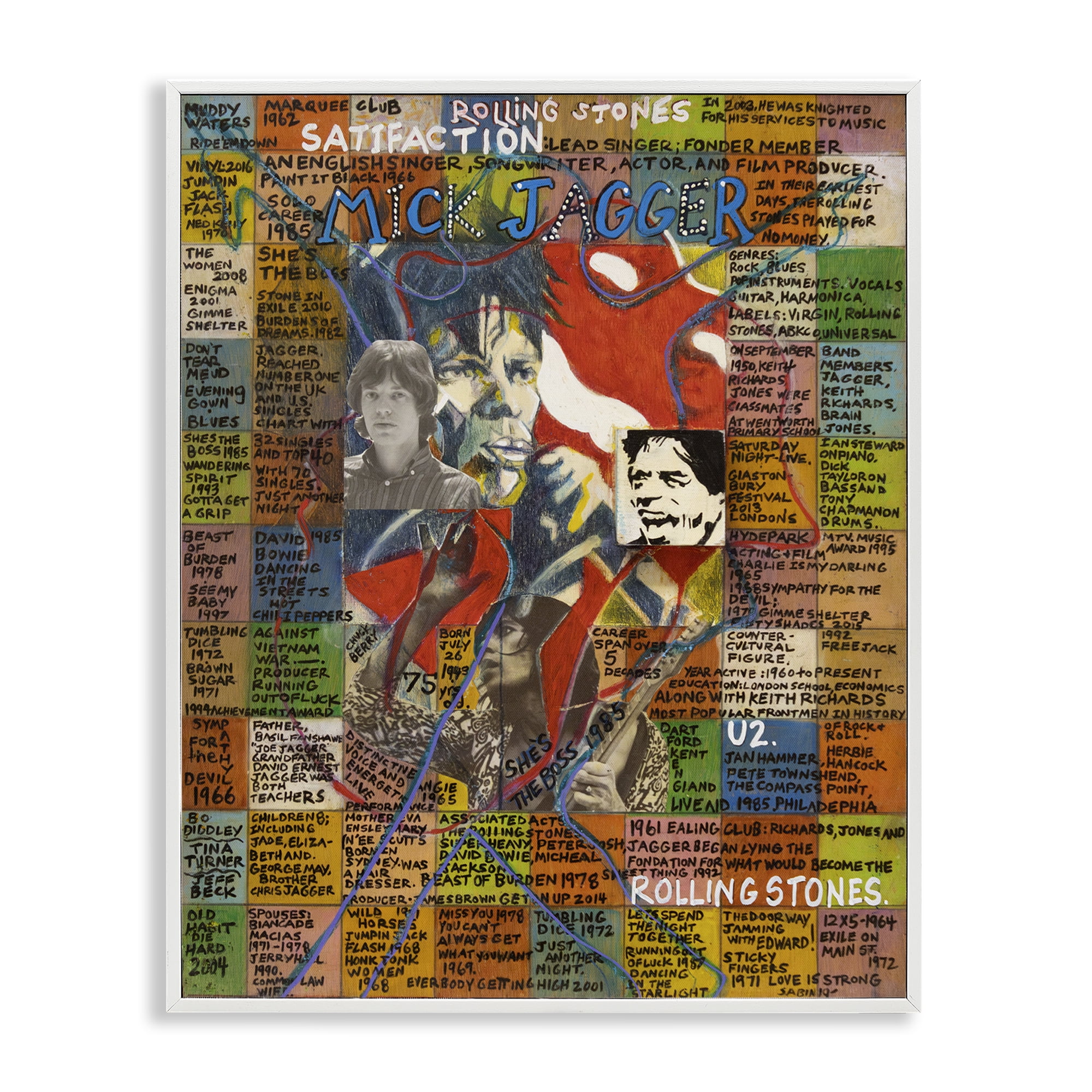 Stupell Industries Mick Jagger Collage People Drawing White Framed Art Print Wall Art, 16 x 20
