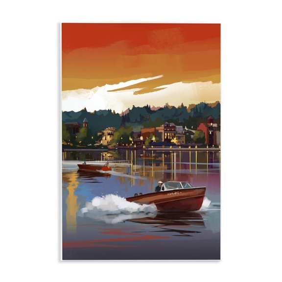 Stupell Industries Mid-Century Boats at Sunset Pier Wall Plaque Art, 10 x 15, by David Owens Illustration