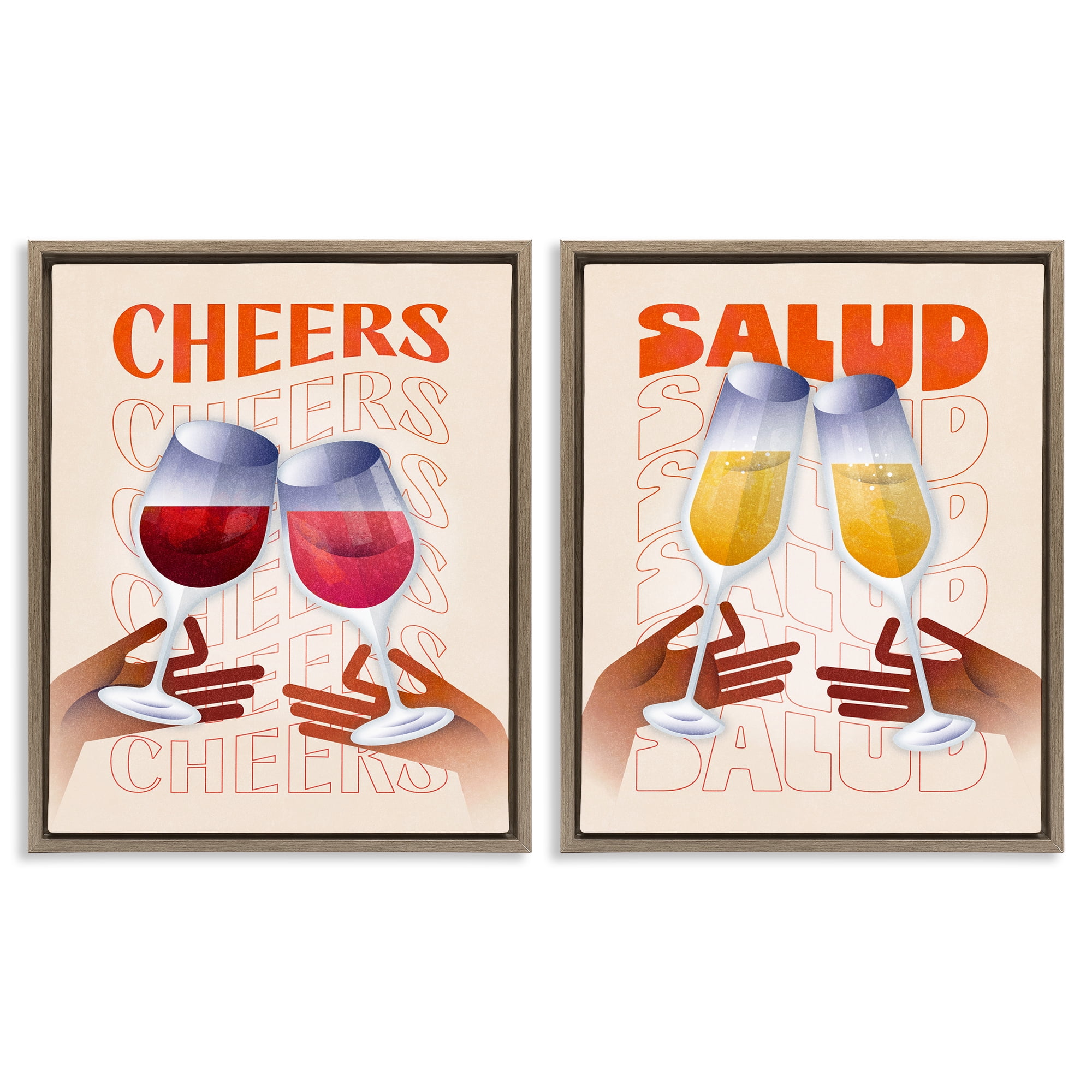 Stupell Industries Midcentury Modern Cheers Food & Beverage Painting Brown Floater Framed Canvas Art Print Wall Art, 17 x 21, Set of 2