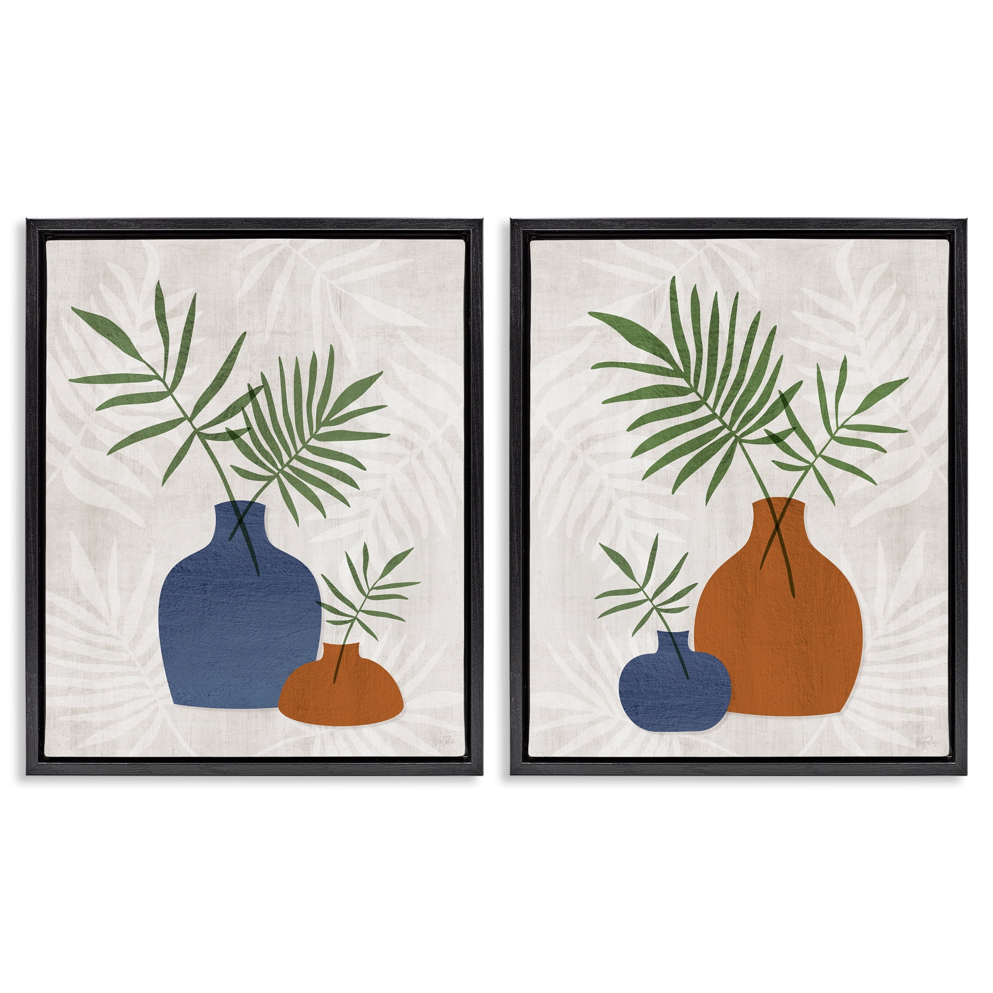 Stupell Industries Midcentury Palm Vases Plants & Flowers Painting Black Floater Framed Canvas Art Print Wall Art, 17 x 21, Set of 2