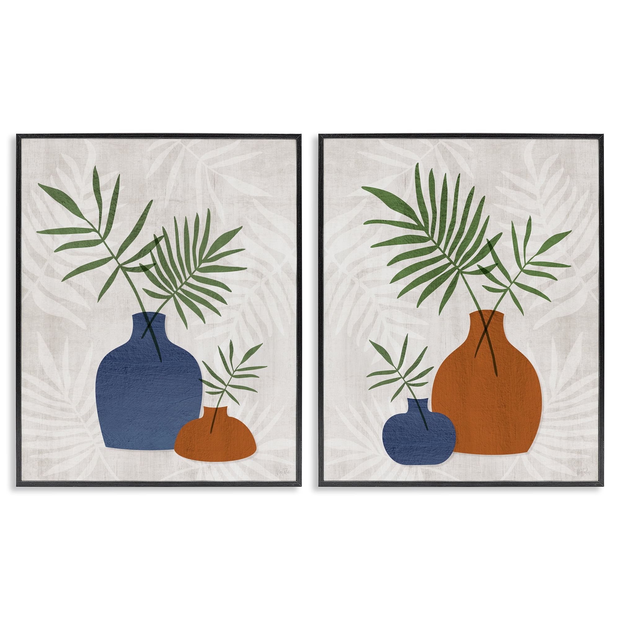 Stupell Industries Midcentury Palm Vases Plants & Flowers Painting Black Framed Art Print Wall Art, 16 x 20, Set of 2