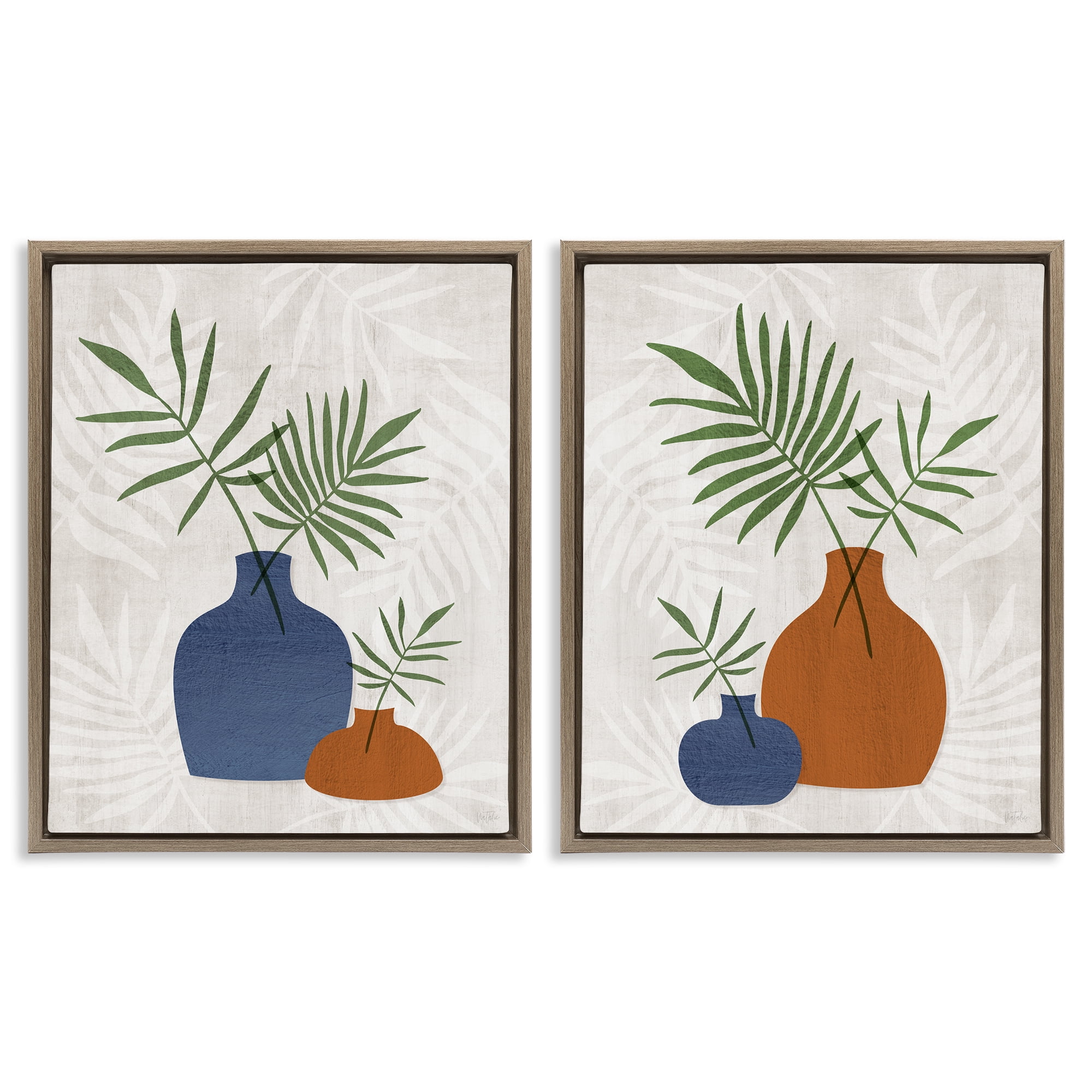 Stupell Industries Midcentury Palm Vases Plants & Flowers Painting Brown Floater Framed Canvas Art Print Wall Art, 17 x 21, Set of 2