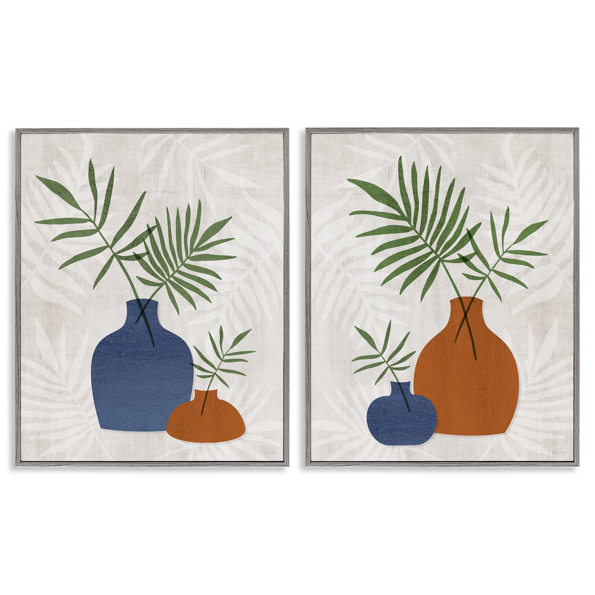 Stupell Industries Midcentury Palm Vases Plants & Flowers Painting Gray Framed Art Print Wall Art, 24 x 30, Set of 2