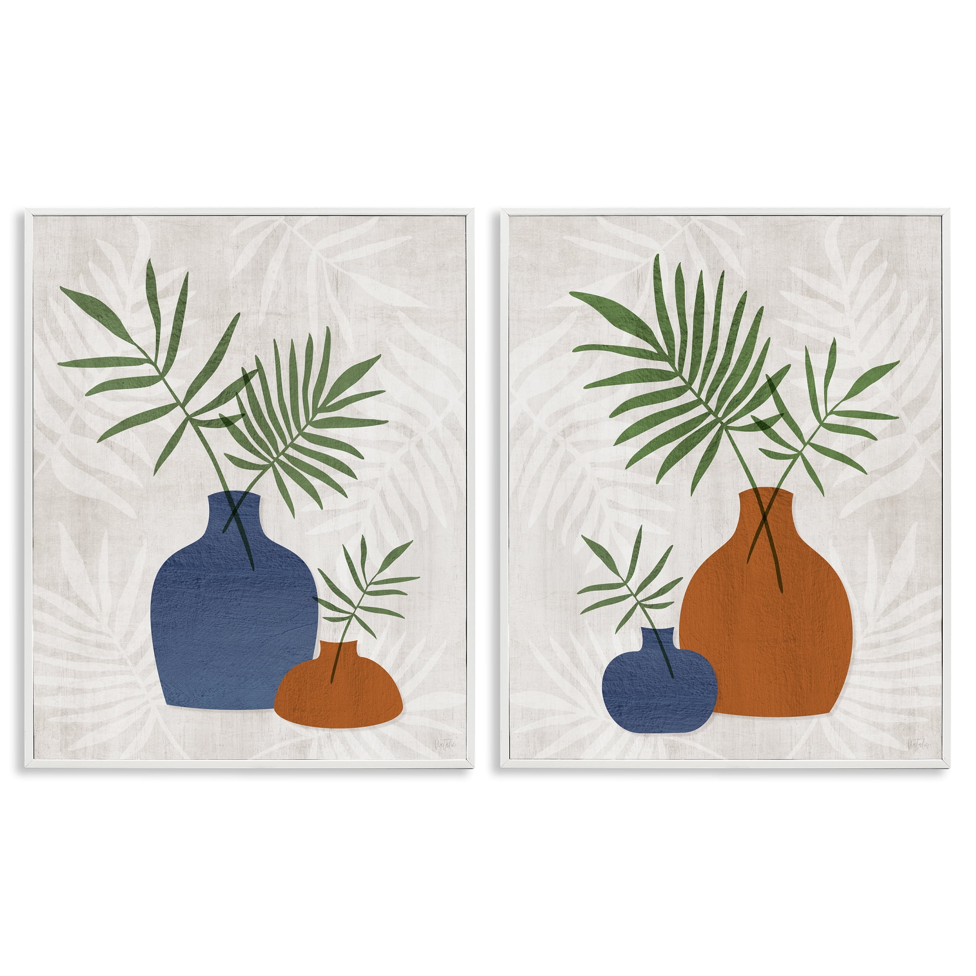 Stupell Industries Midcentury Palm Vases Plants & Flowers Painting White Framed Art Print Wall Art, 16 x 20, Set of 2