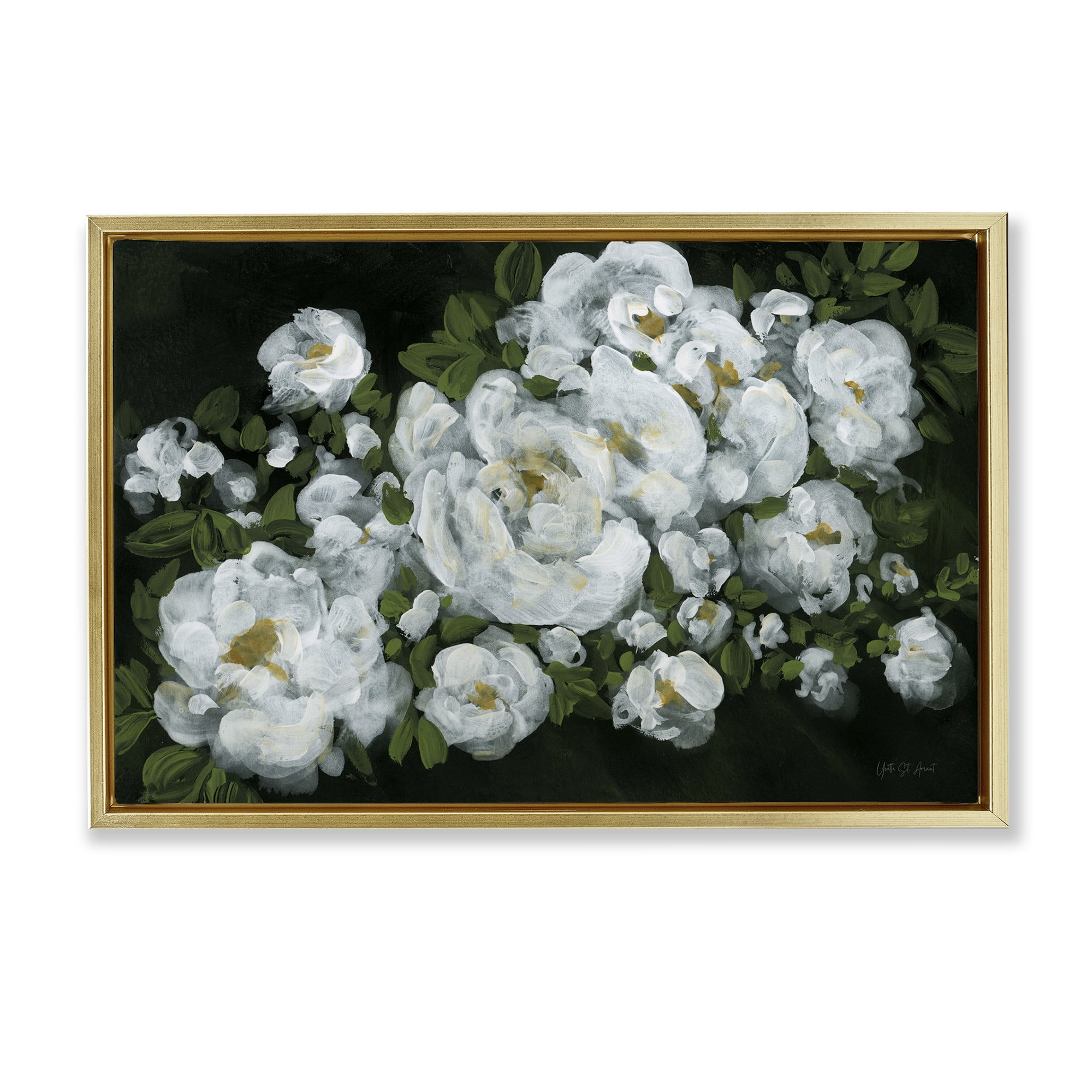 Stupell Industries Midnight Blooming Roses Botanical & Floral Painting Gold Floater Framed Art Print Wall Art, 31 x 21