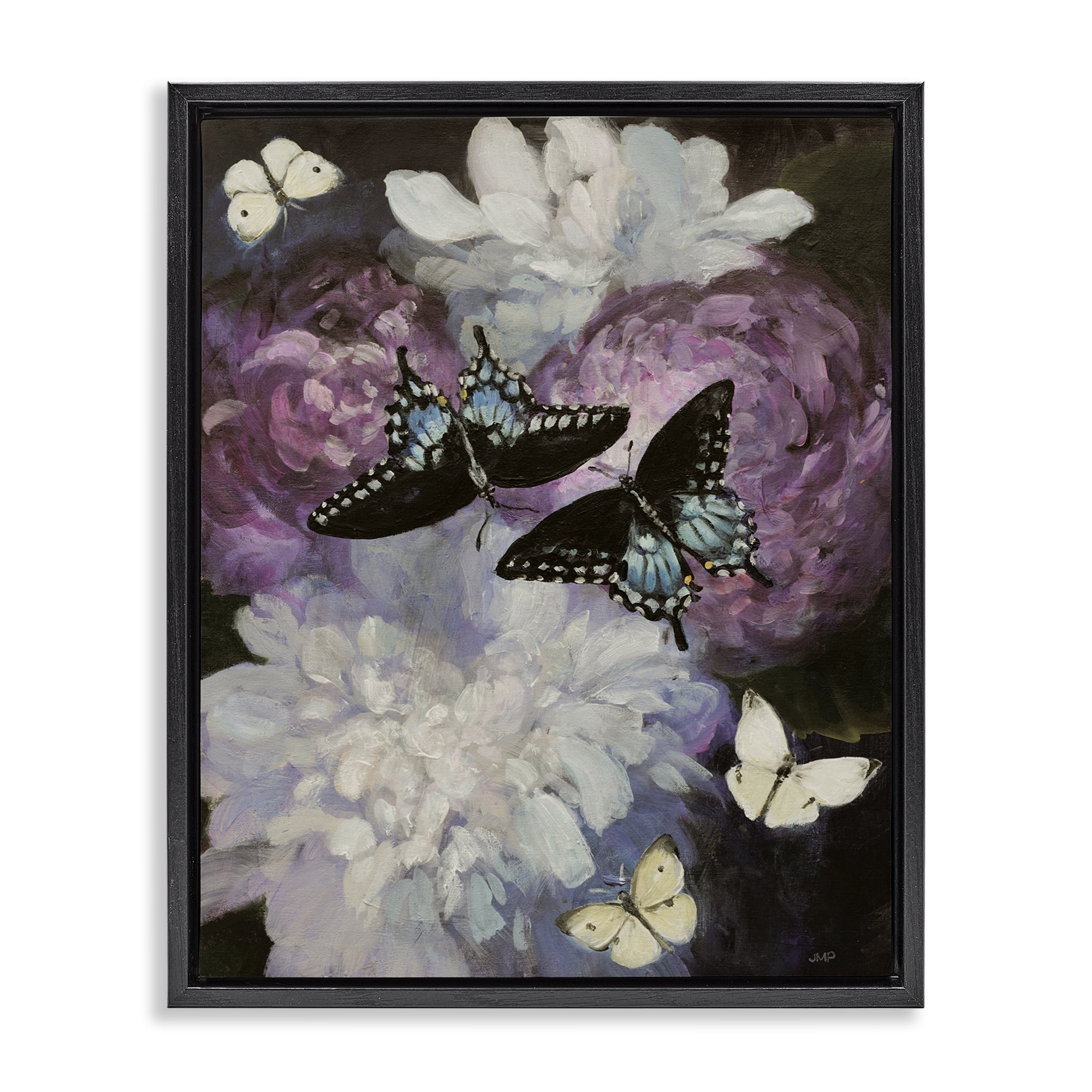 Stupell Industries Midnight Garden Butterflies Animals & Insects Painting Black Floater Framed Canvas Art Print Wall Art, 17 x 21