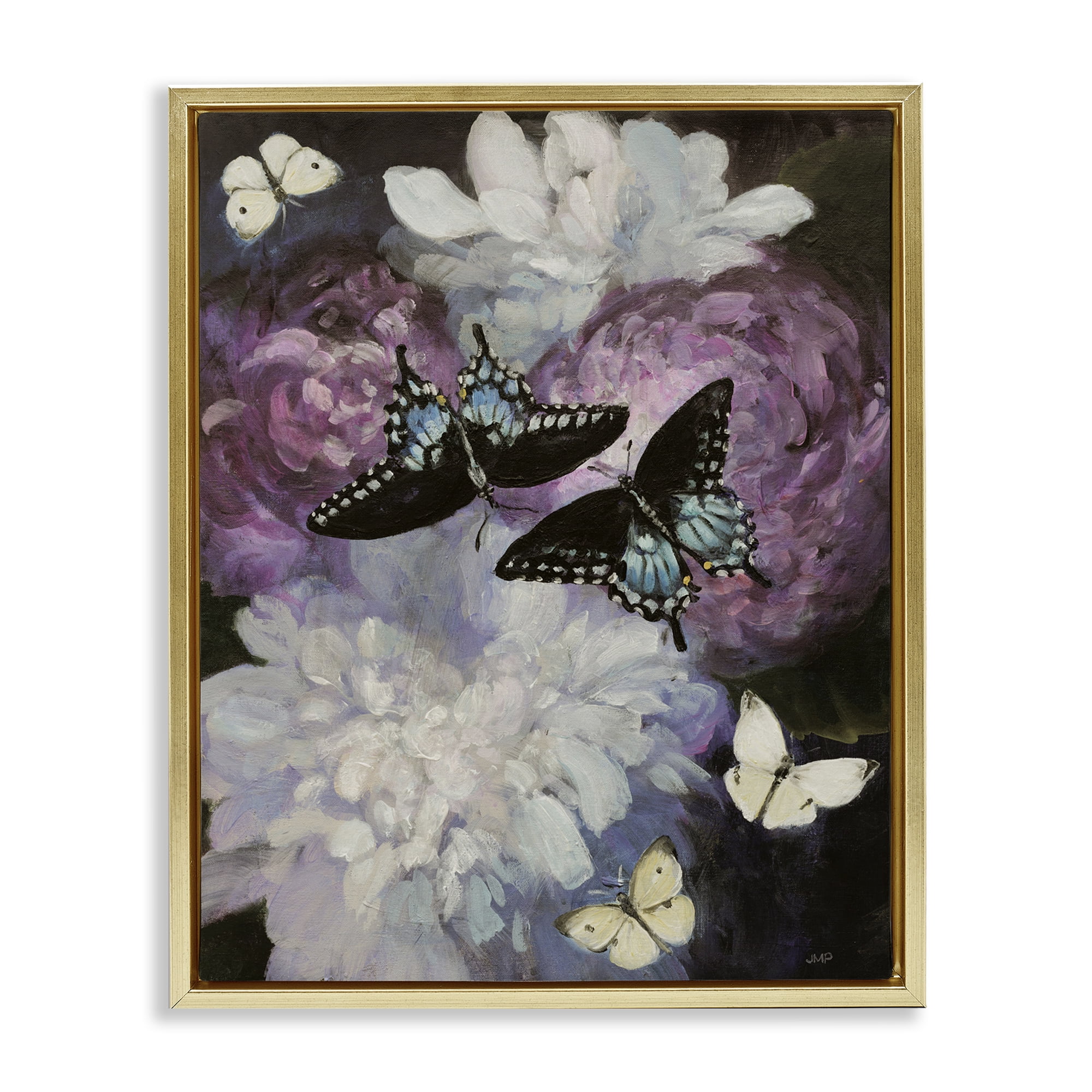 Stupell Industries Midnight Garden Butterflies Animals & Insects Painting Gold Floater Framed Canvas Art Print Wall Art, 17 x 21