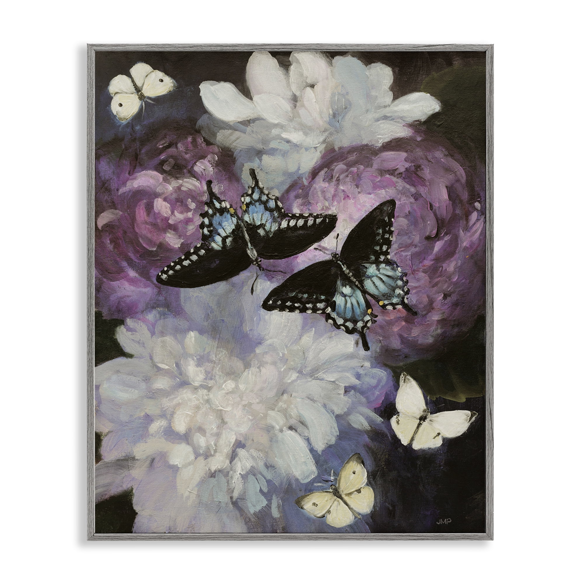Stupell Industries Midnight Garden Butterflies Animals & Insects Painting Gray Framed Art Print Wall Art, 24 x 30