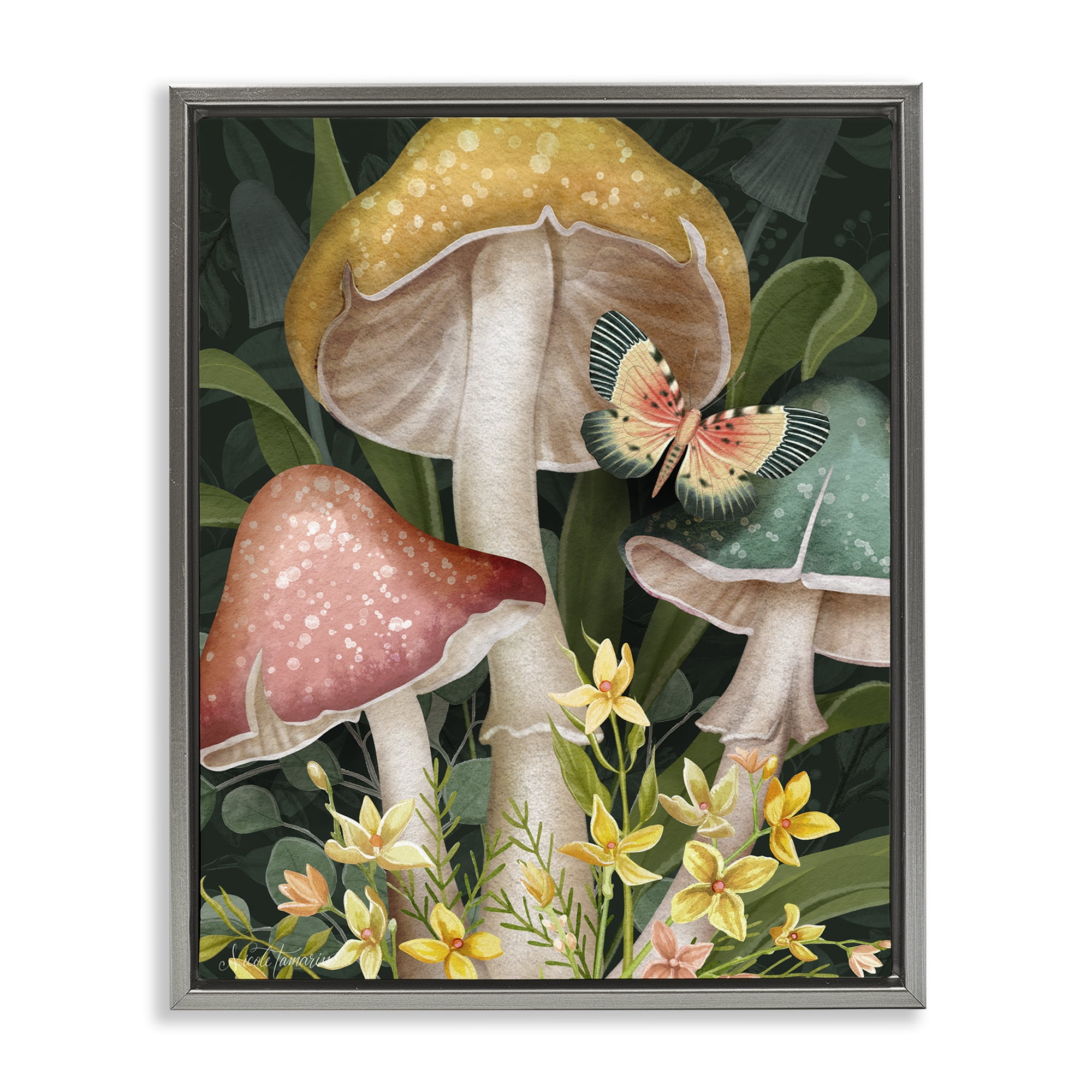 Stupell Industries Midnight Garden Mushrooms Gray Framed Floater Canvas Wall Art, design by Nicole Tamarin