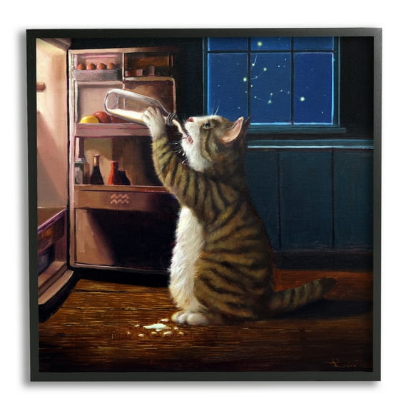 Stupell Industries Midnight Snack Cat Drinking Milk Kitchen Aquarius Symbol Painting Black Framed Art Print Wall Art, Design by Lucia Heffernan