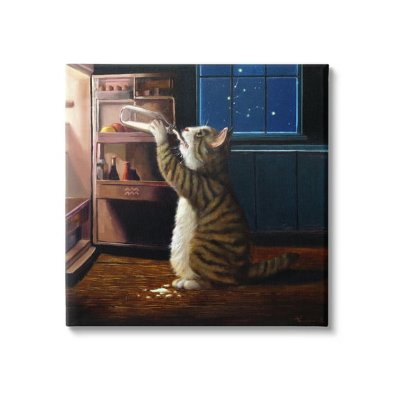 Stupell Industries Midnight Snack Cat Drinking Milk Kitchen Aquarius Symbol Painting Gallery Wrapped Canvas Print Wall Art, Design by Lucia Heffernan