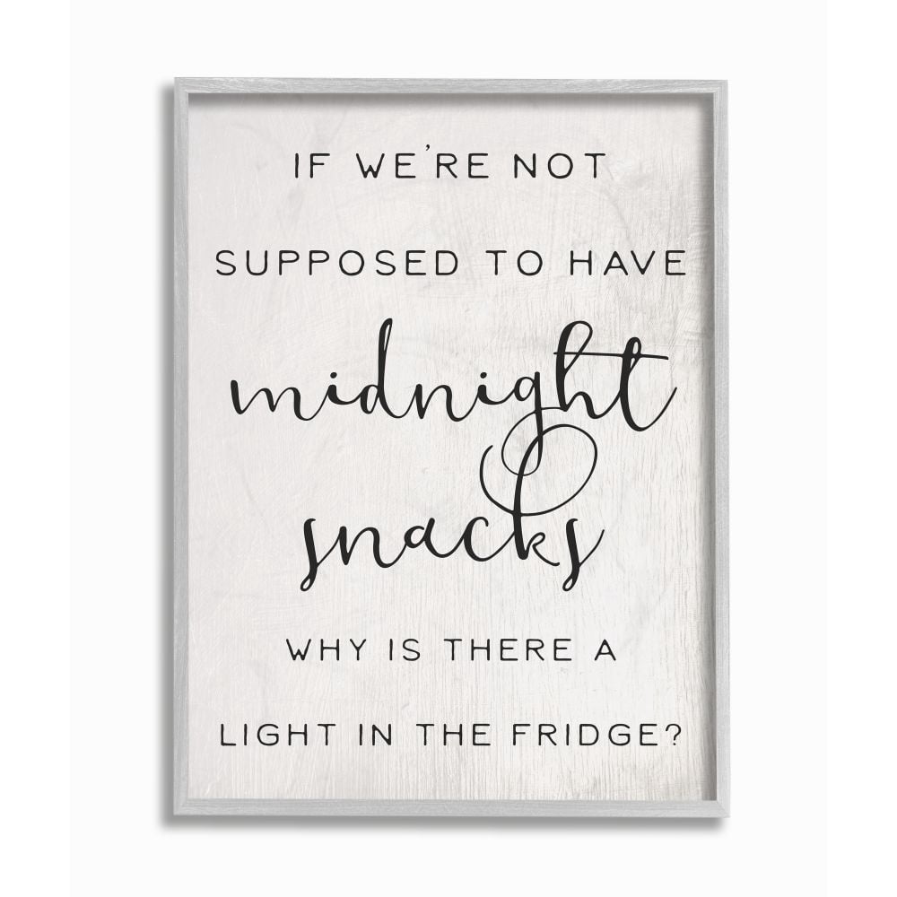 Stupell Industries Midnight Snack Joke Hungry Kitchen Phrase Black White Framed Wall Art Design by Daphne Polselli, 16" x 20", Gray Framed