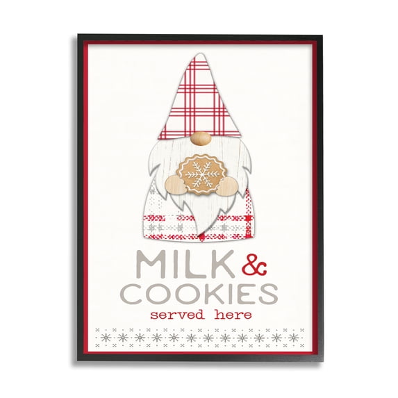 Stupell Industries Milk and Cookies Phrase Christmas Plaid Gnome Fairy Tales & Fantasy Painting Black Framed Art Print Wall Art, 24 x 30