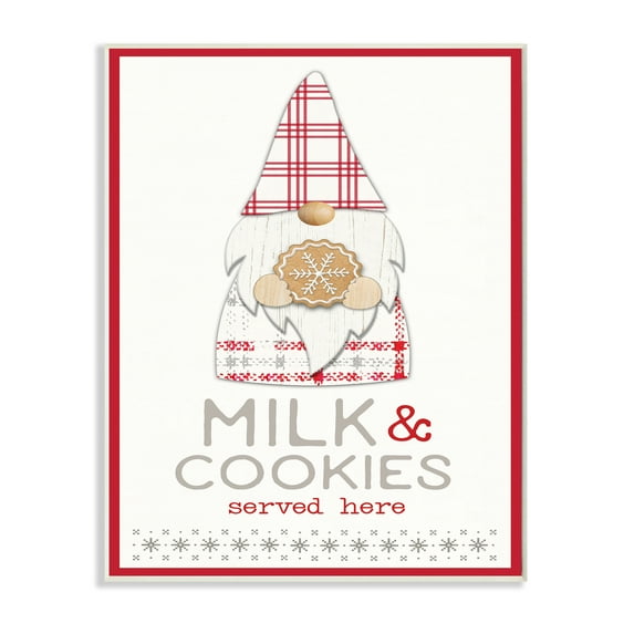 Stupell Industries Milk and Cookies Phrase Christmas Plaid Gnome Fairy Tales & Fantasy Painting Unframed Art Print Wall Art, 10 x 15