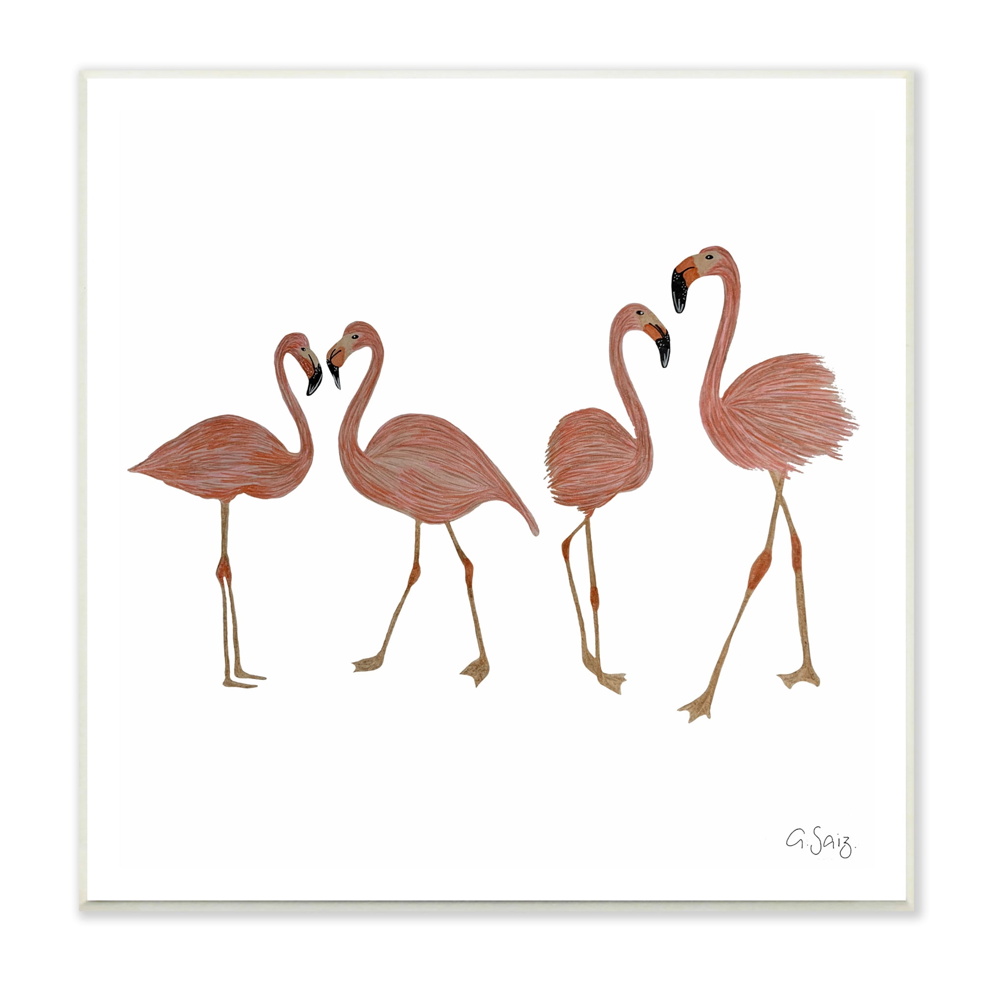 Mingling Pink Flamingo Birds Illustration Wood Wall Art