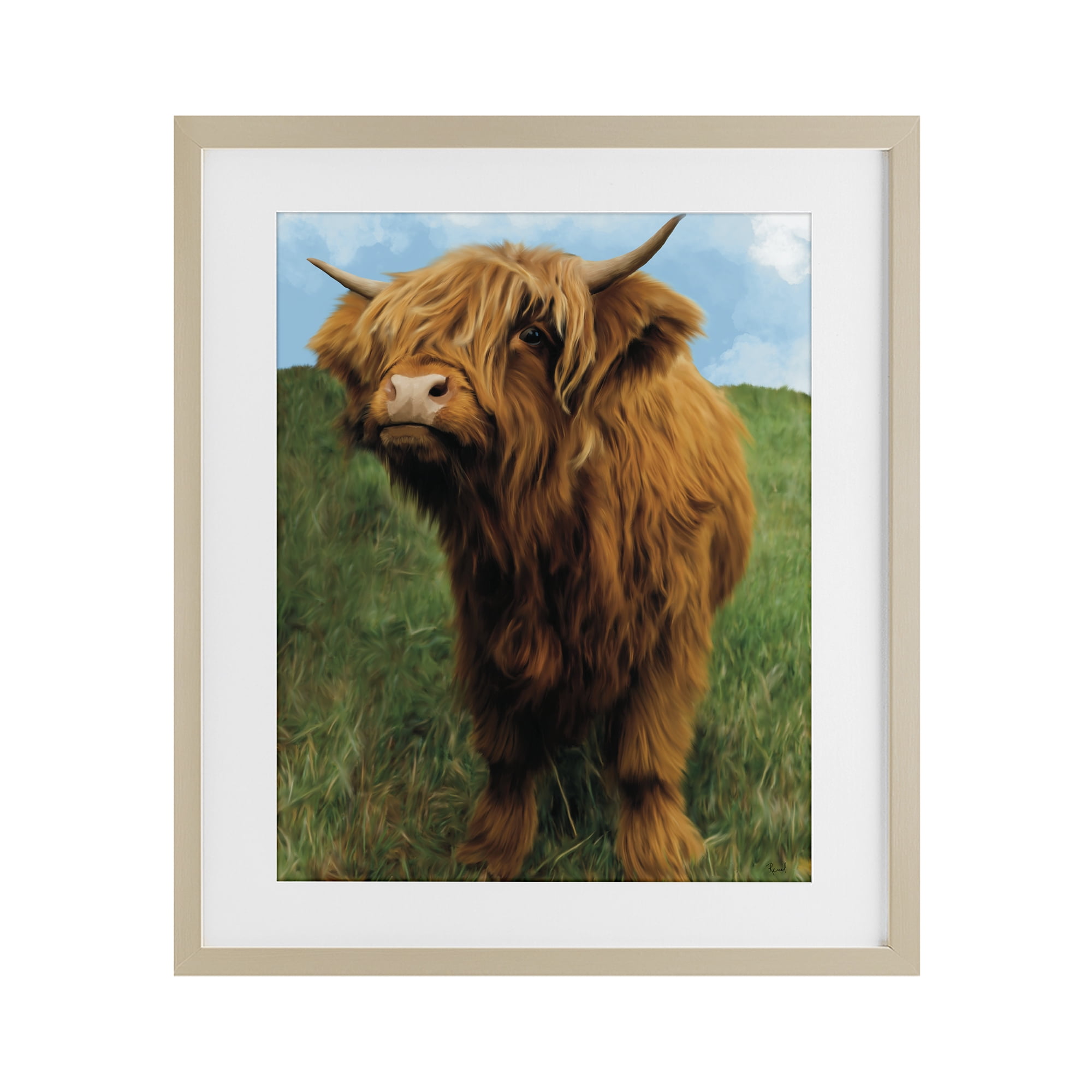 Stupell Industries Mini Highland Cow Calf Birch Framed Print Under Glass, design by Renel Peters