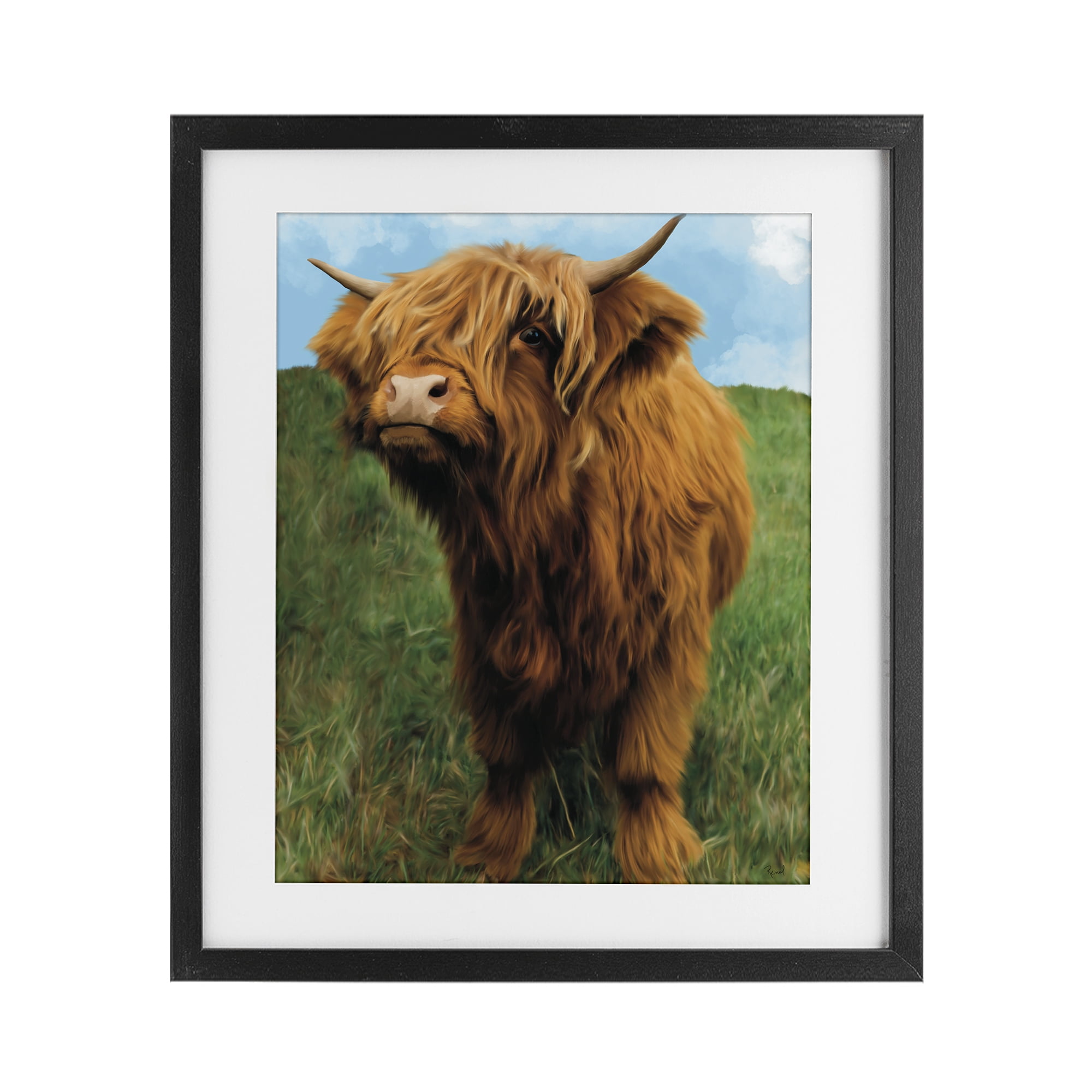 Stupell Industries Mini Highland Cow Calf Black Framed Print Under Glass, design by Renel Peters