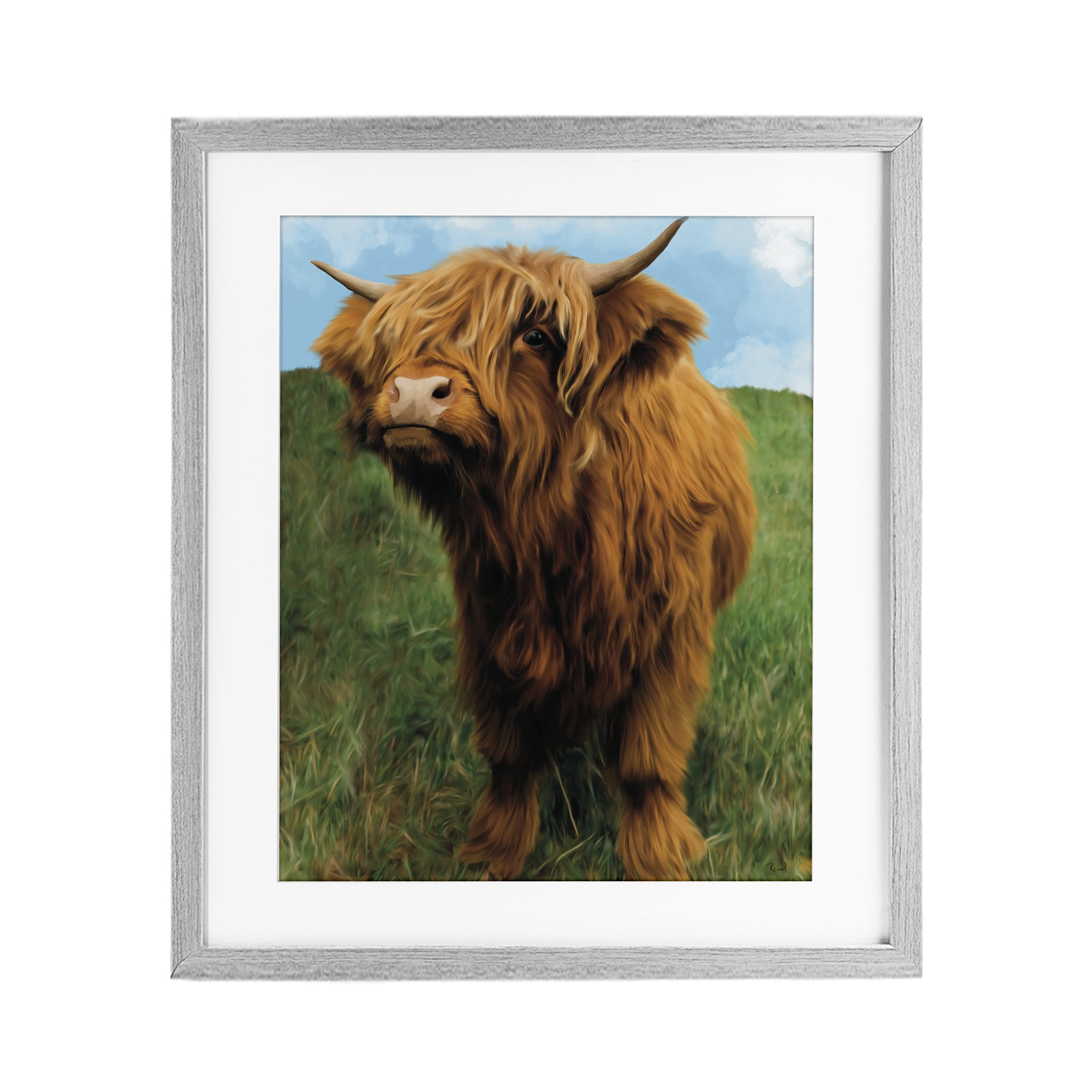 Stupell Industries Mini Highland Cow Calf Gray Framed Print Under Glass, design by Renel Peters
